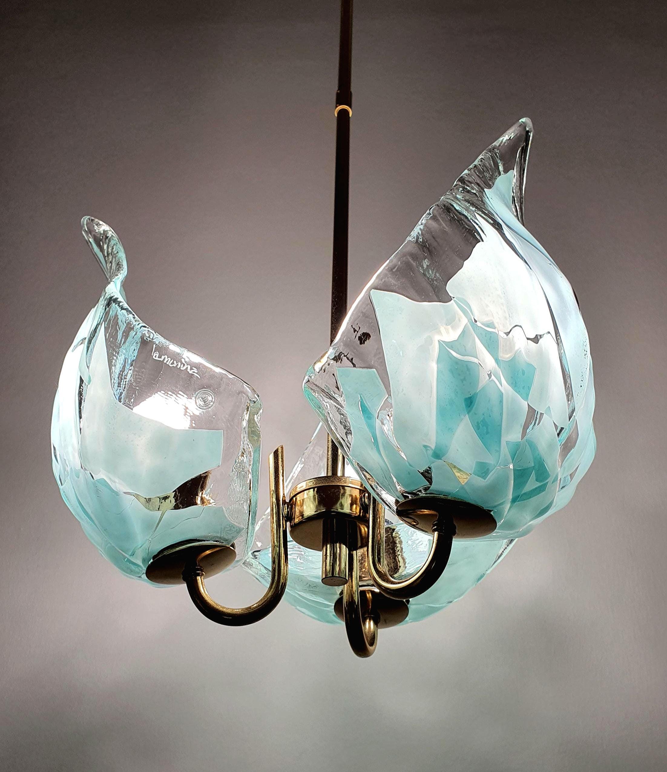La Murrina 3-arm chandelier in clear and Tiffany blue Murano glass on golden base
