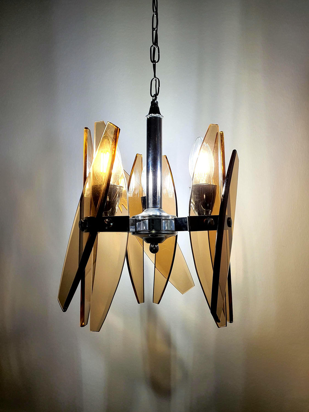 Veca Space Age chandelier with orange glass shades and chrome base