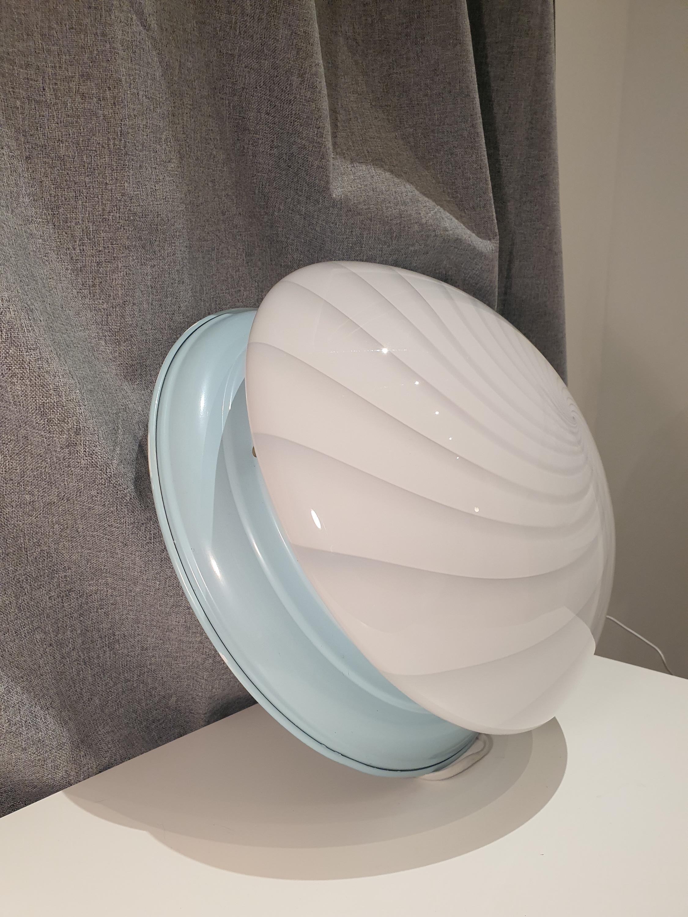 Vintage Murano Glass Swirl Flush Mount Light: White on Blue