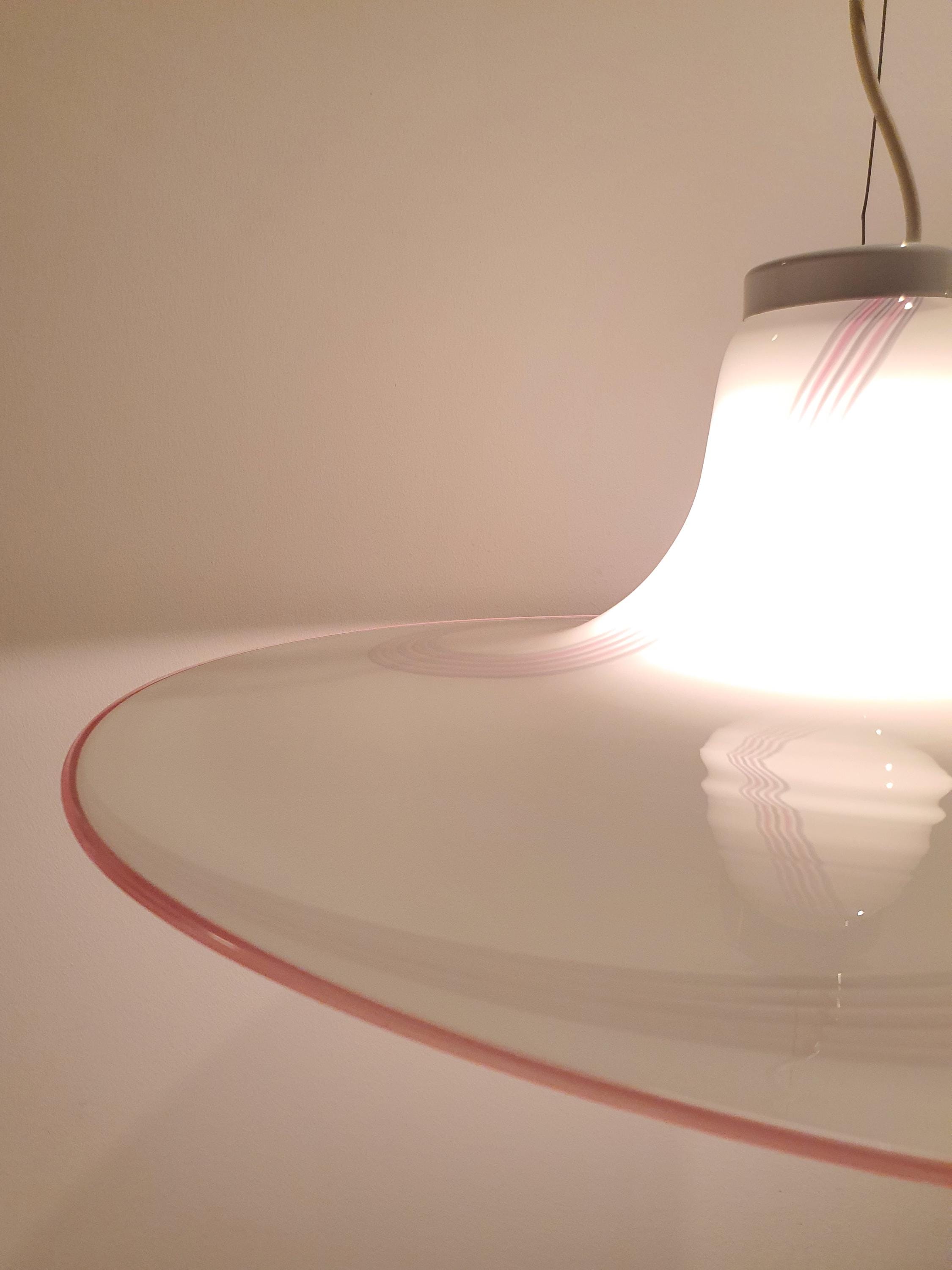 Murano Glass Hat Pendant Light: Pink Gray Swirl, Retro UFO Lamp