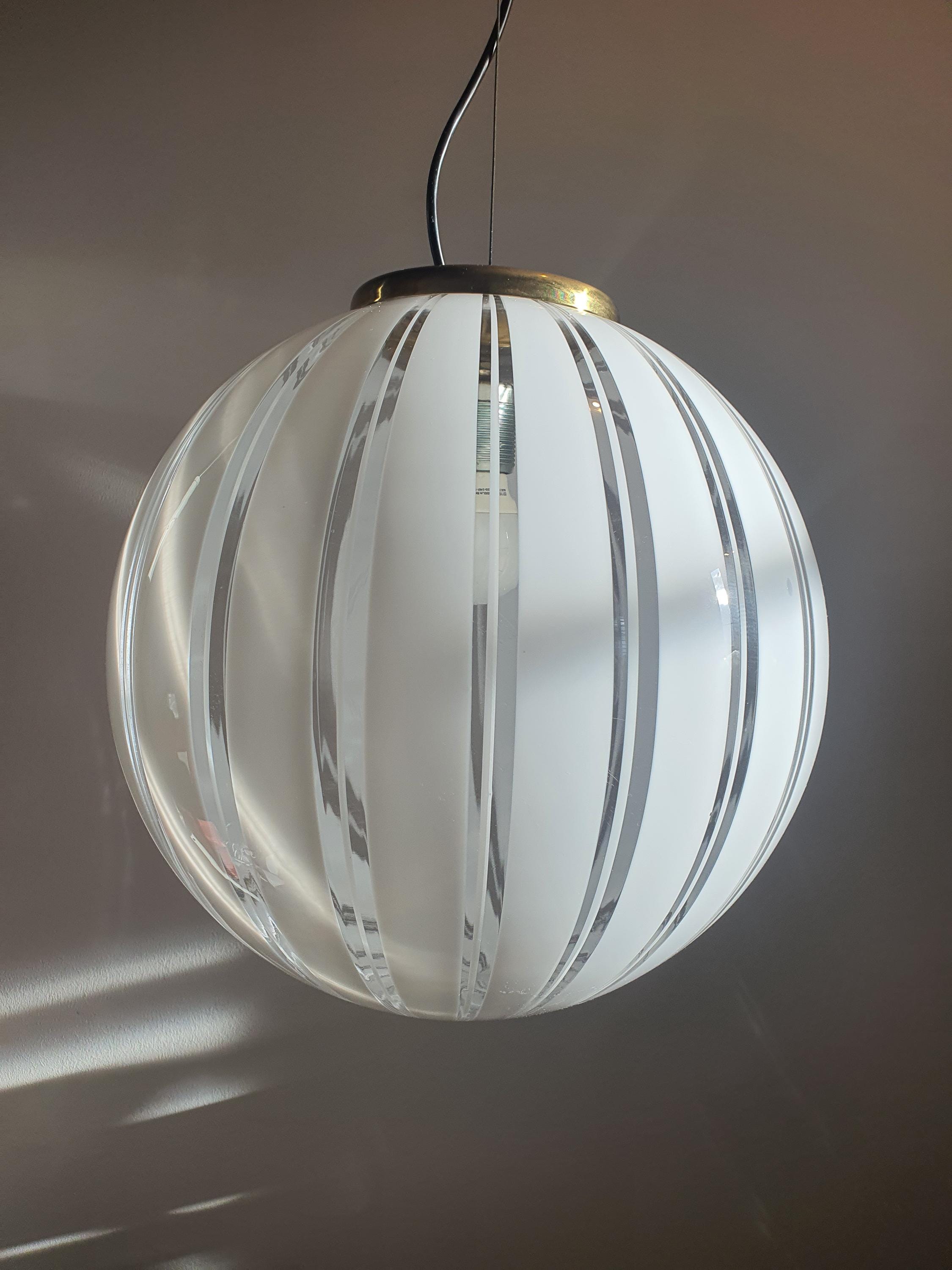Murano Glass Globe Pendant Light: Italian Filigree MCM Chandelier