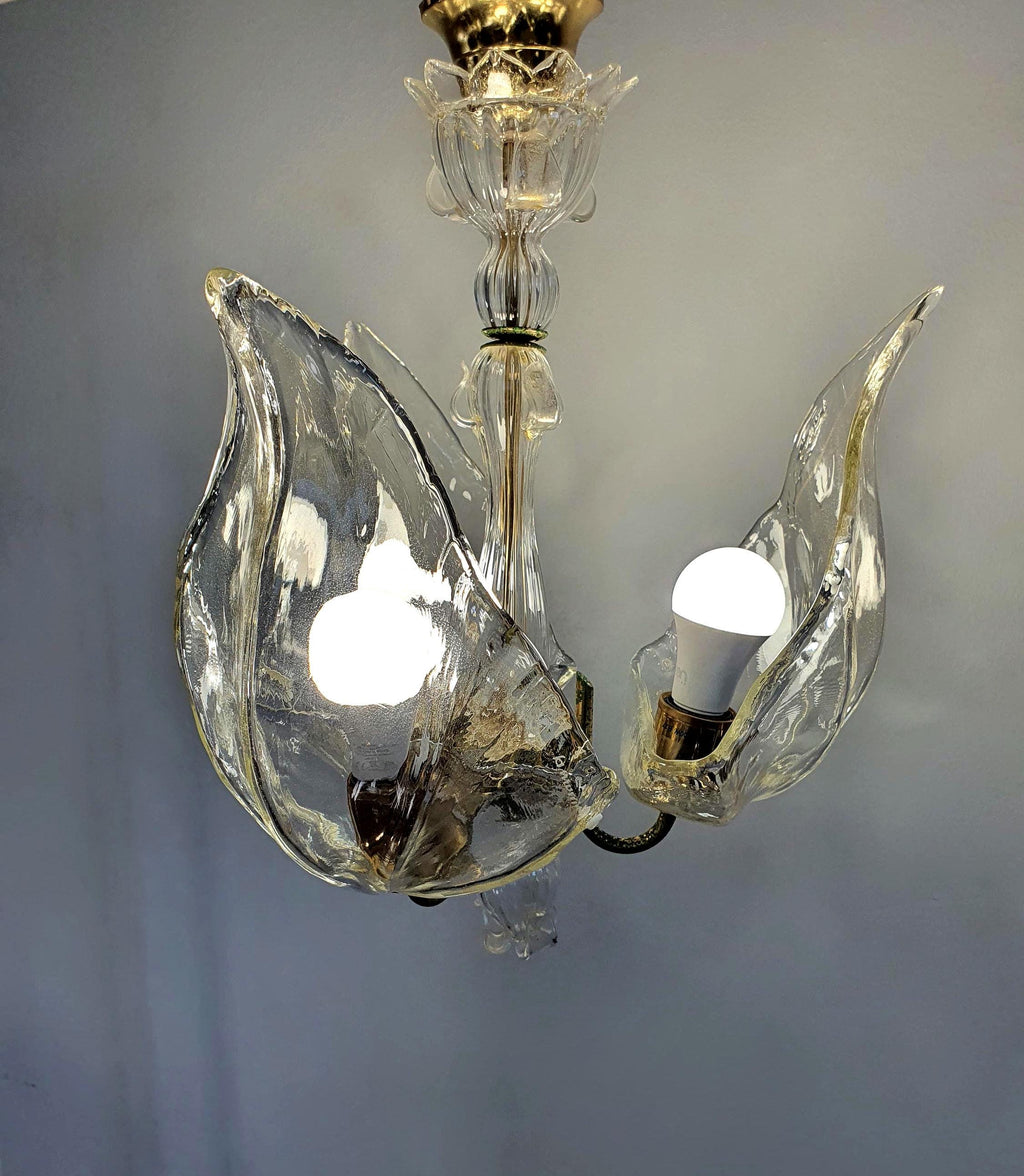Vintage La Murrina Murano glass chandelier with three clear avventurina petals
