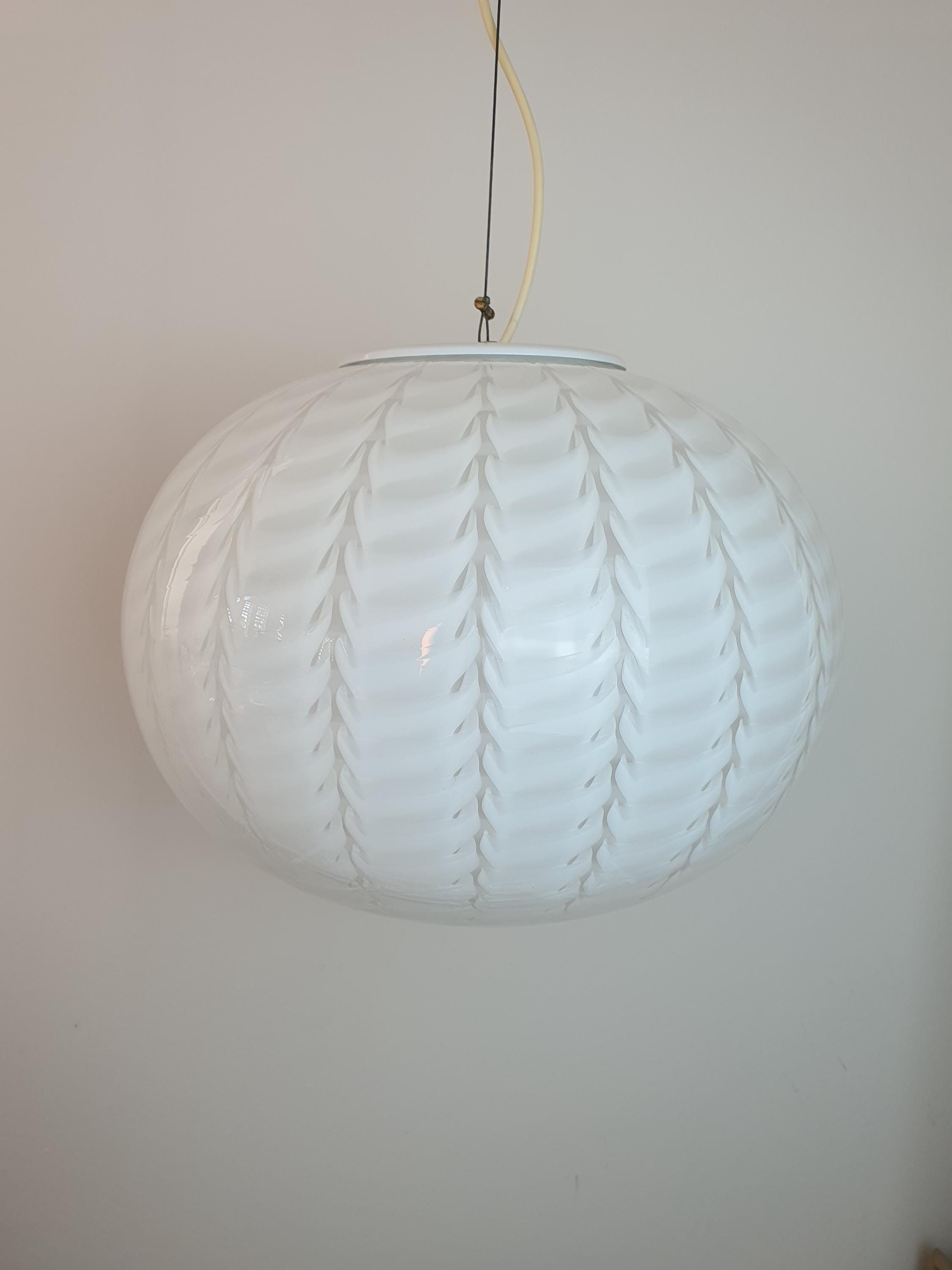 Murano Glass Globe Pendant Light: Handblown White Wave, Mid-Century Modern