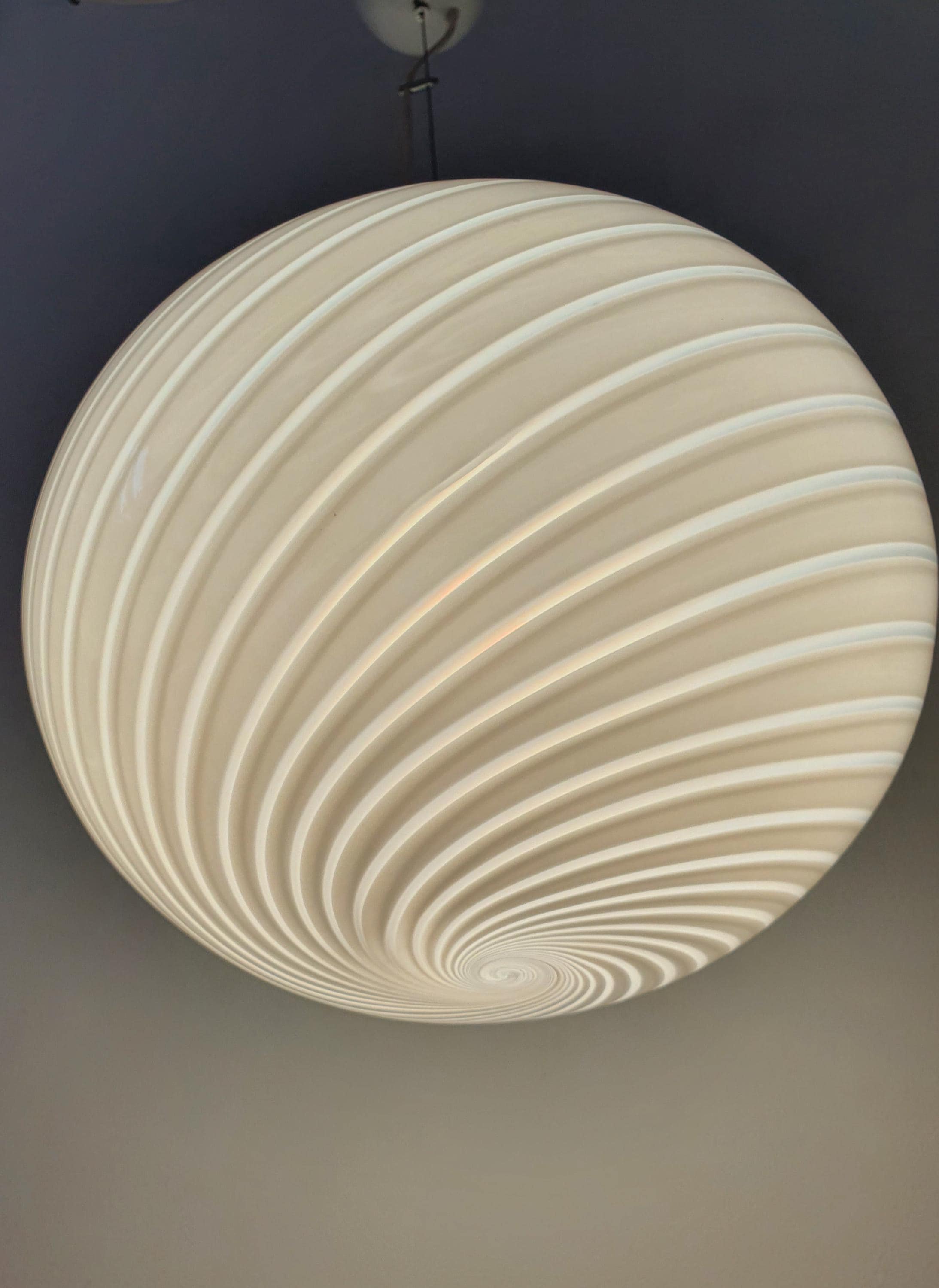 Murano white swirl globe pendant front view, large hand-blown globe, delicate white swirl decoration, MCM minimalist