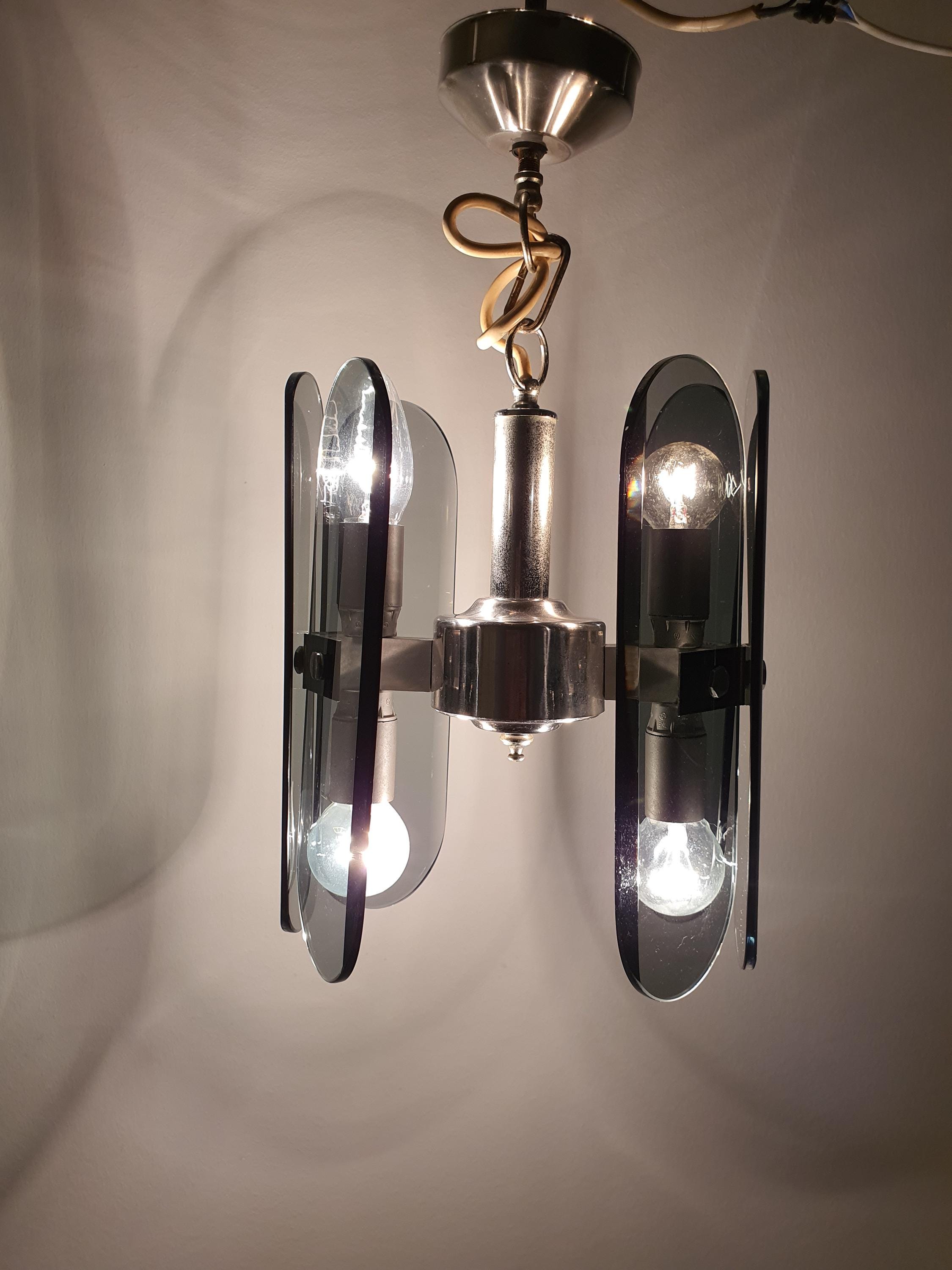 Veca Bottle Glass Chandelier: Mid-Century Modern Italian Chrome Lamp