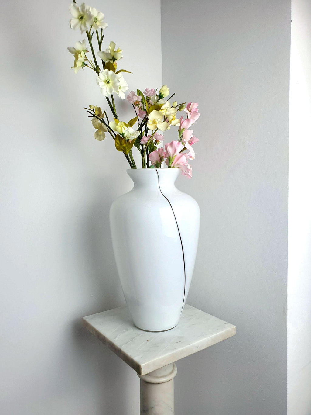 Vintage Murano white glass vase with thin black line, minimalist Italian midcentury design