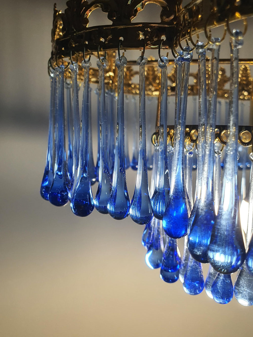 Small Vintage Teardrop Cascade Chandelier with Navy Blue Glass Drops on Gold Base | Hollywood Regency Lighting