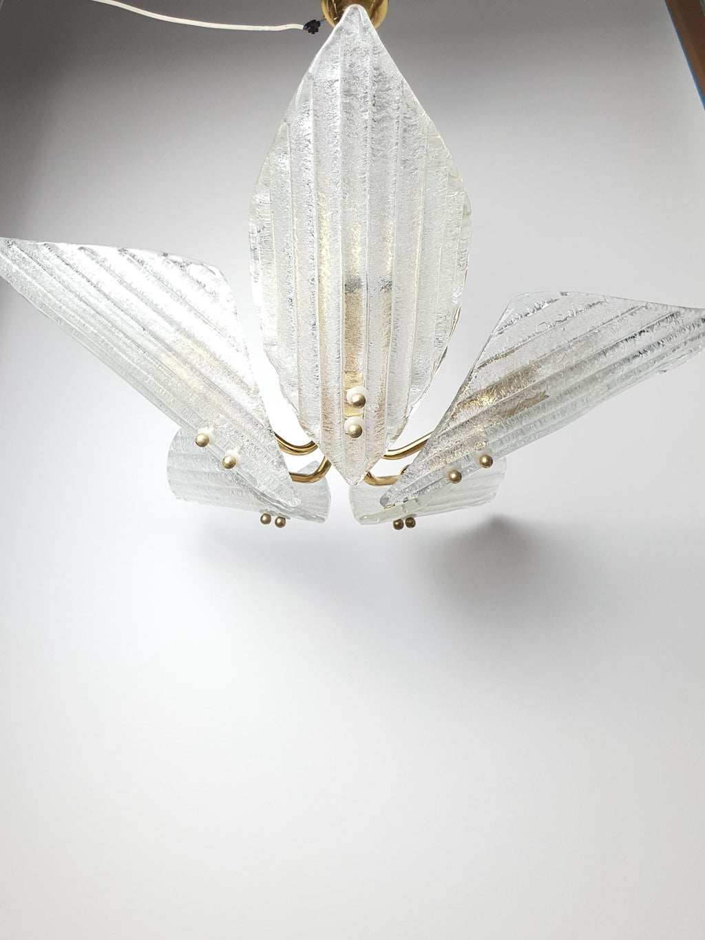 Vintage Murano Frosted Glass 5-Arm Chandelier | Hollywood Regency Lighting | Mid-Century Italian