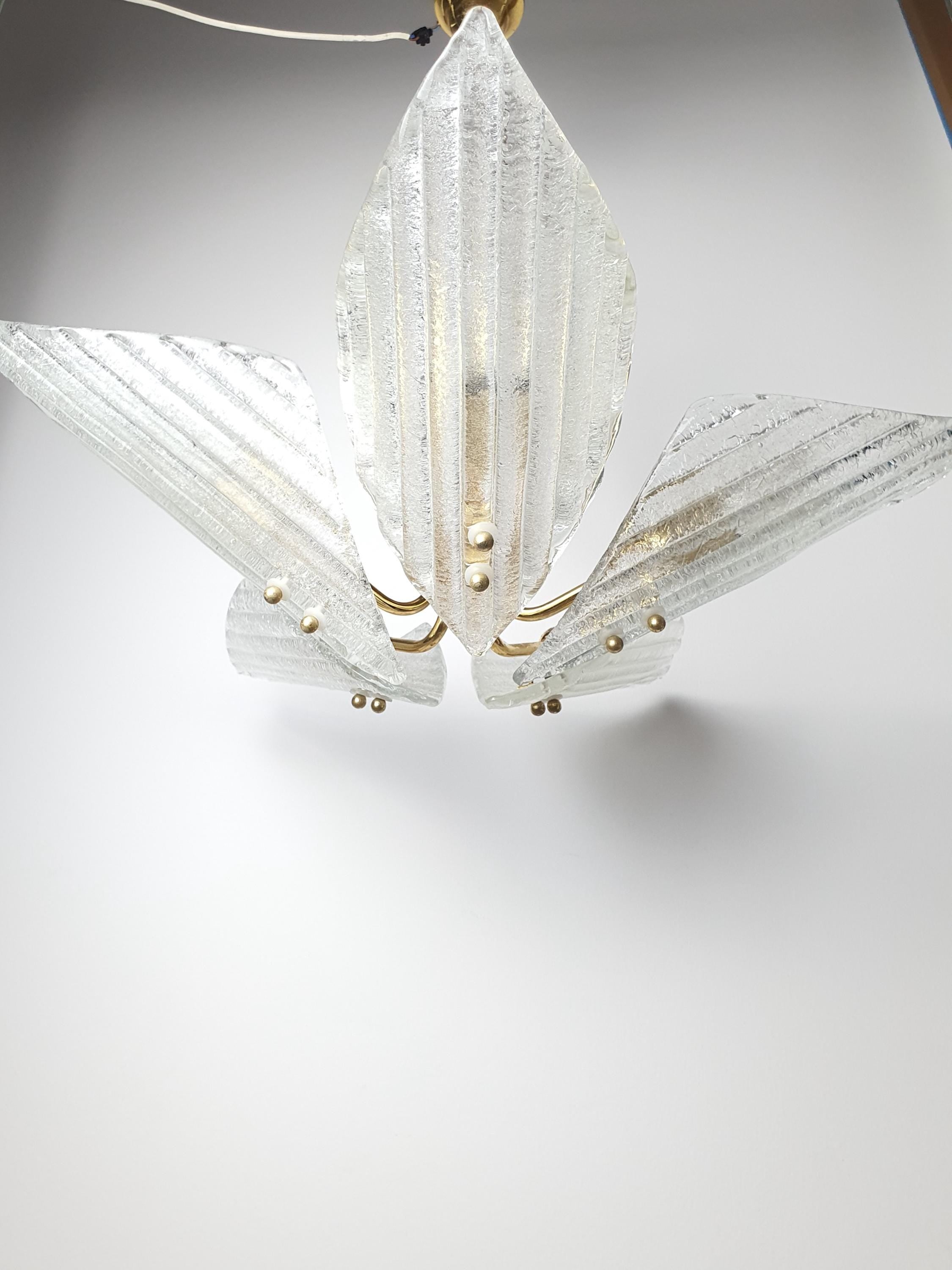 Vintage Murano Frosted Glass 5-Arm Chandelier | Hollywood Regency Lighting | Mid-Century Italian