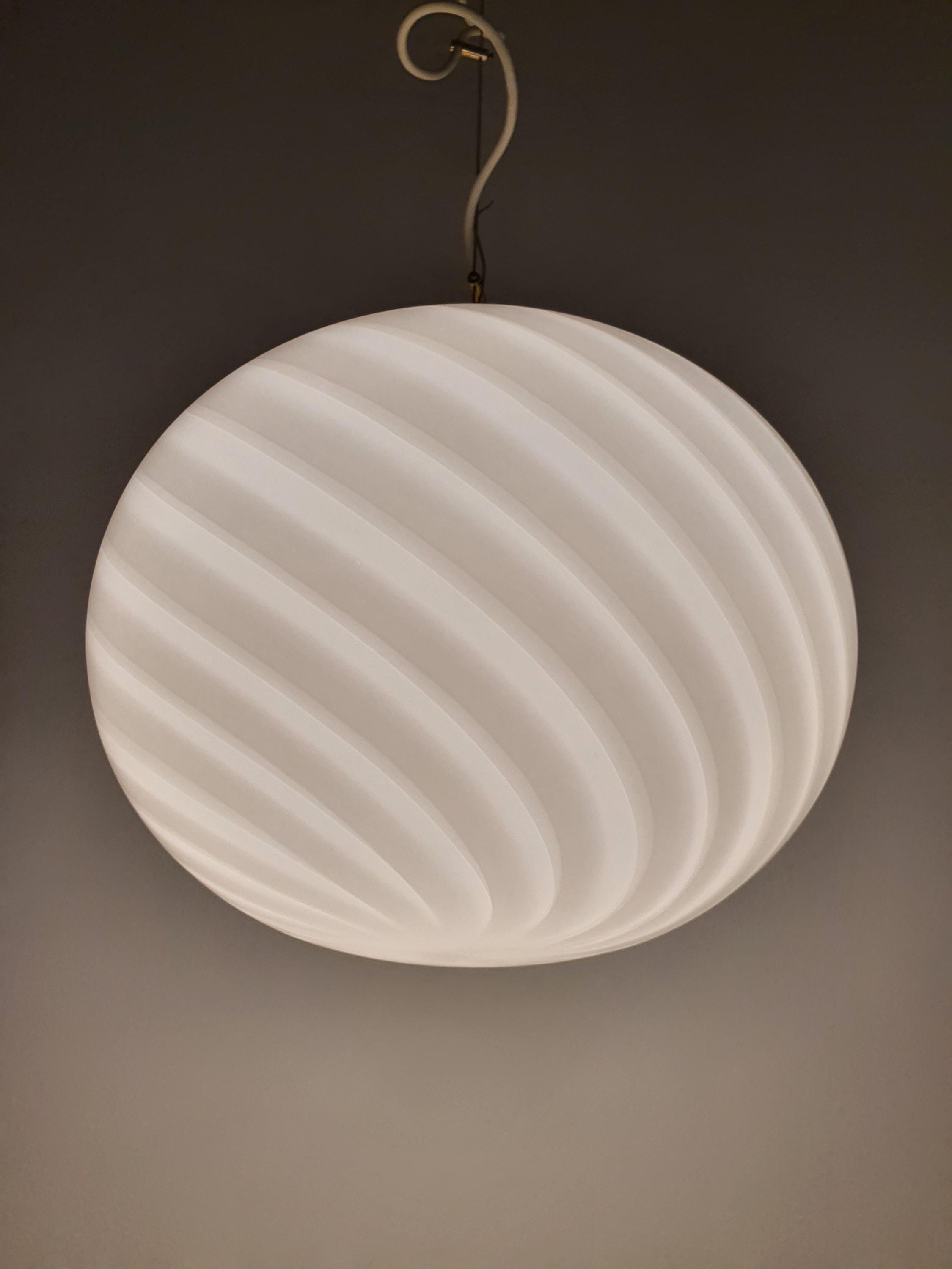 Murano Glass Pendant Light: White Swirl Globe, Vintage MCM Chandelier