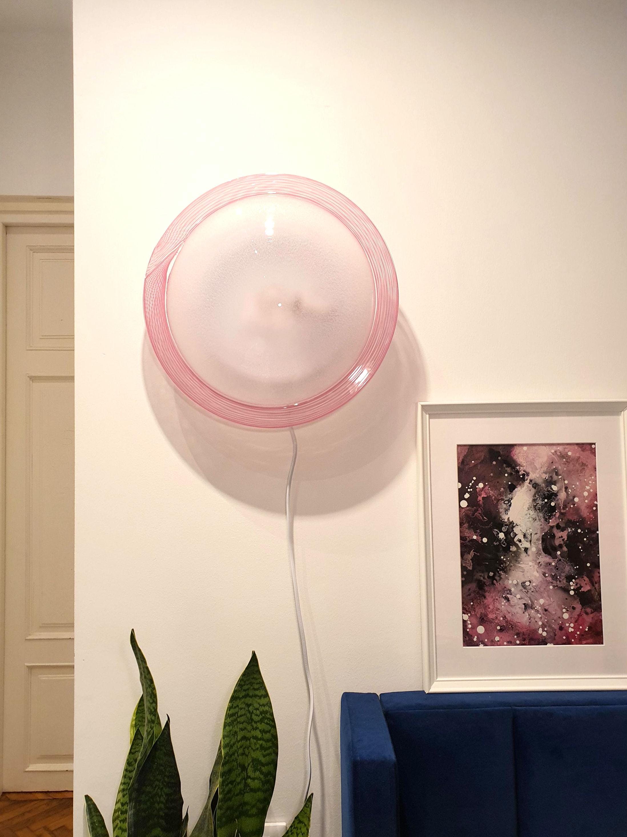 Vintage Murano Glass Flush Mount Light: Pink Filigree Bubble Design