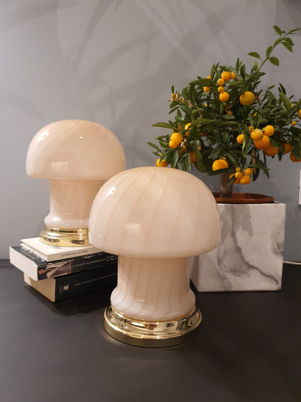 Vintage Murano Glass Mushroom Lamps: Peach Pink Atomic Table Lamps, 1970s MCM