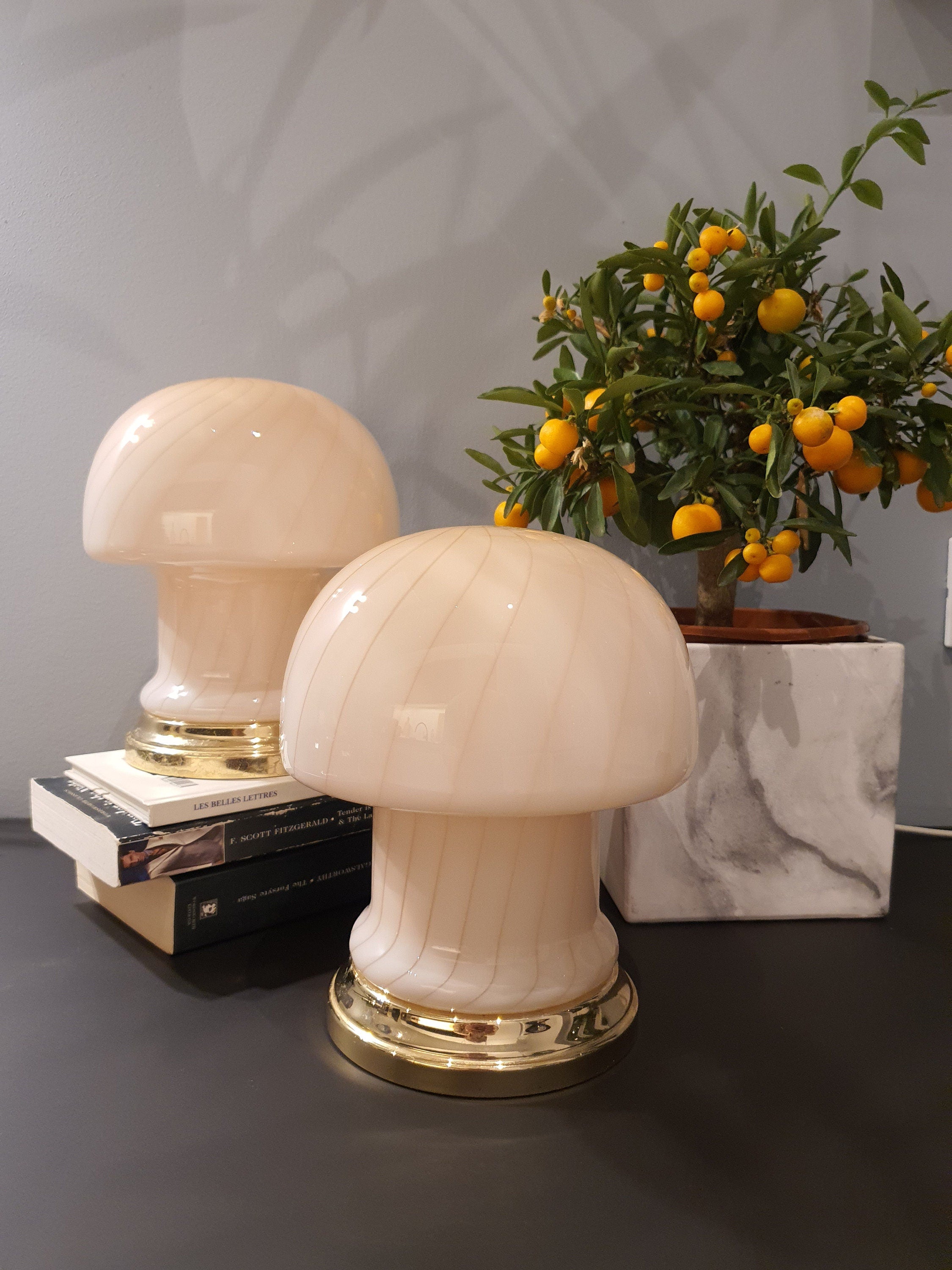 Vintage Murano Glass Mushroom Lamps: Peach Pink Atomic Table Lamps, 1970s MCM