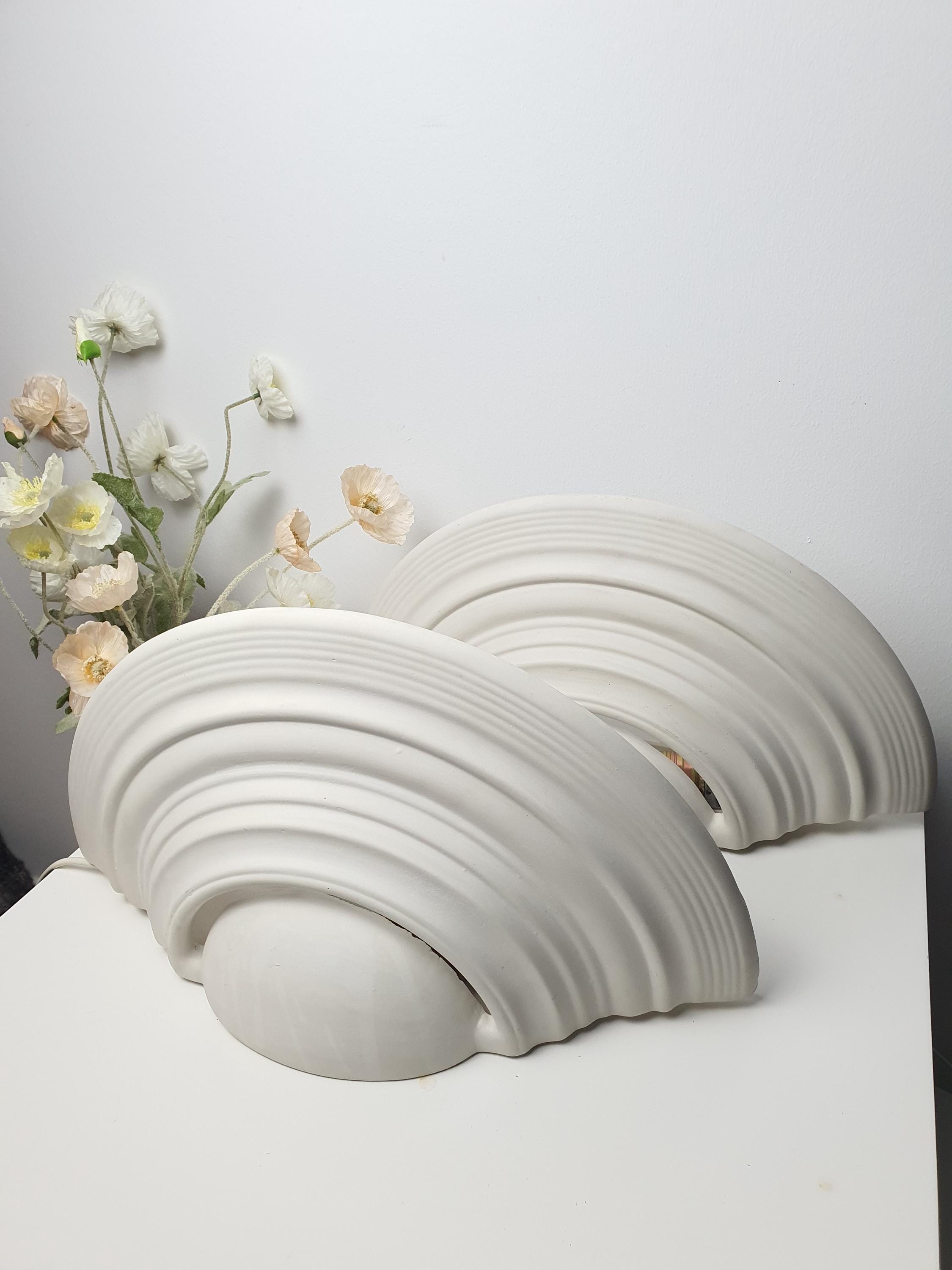 Vintage French Plaster Shell Sconces: Art Deco Minimalist Wall Lights