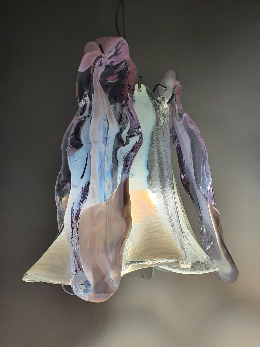 Vintage Murano Glass Petal Chandelier – Clear and Lilac White-Spotted La Murrina Petals, Jolly Lampadari Base, Eclectic Organic Modern