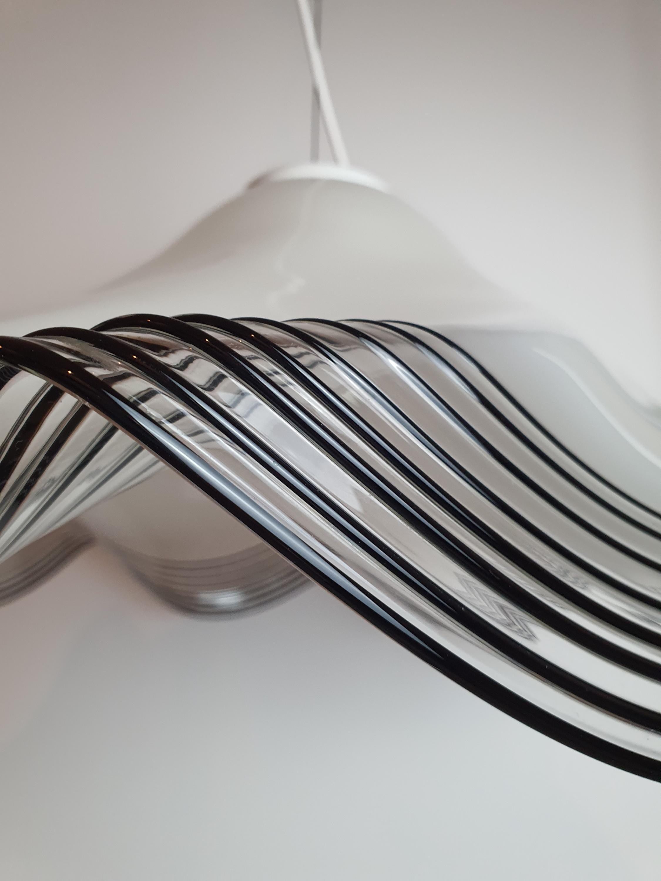 Vintage Murano Glass Pendant Light: Handkerchief Style, Black Stripe Edge