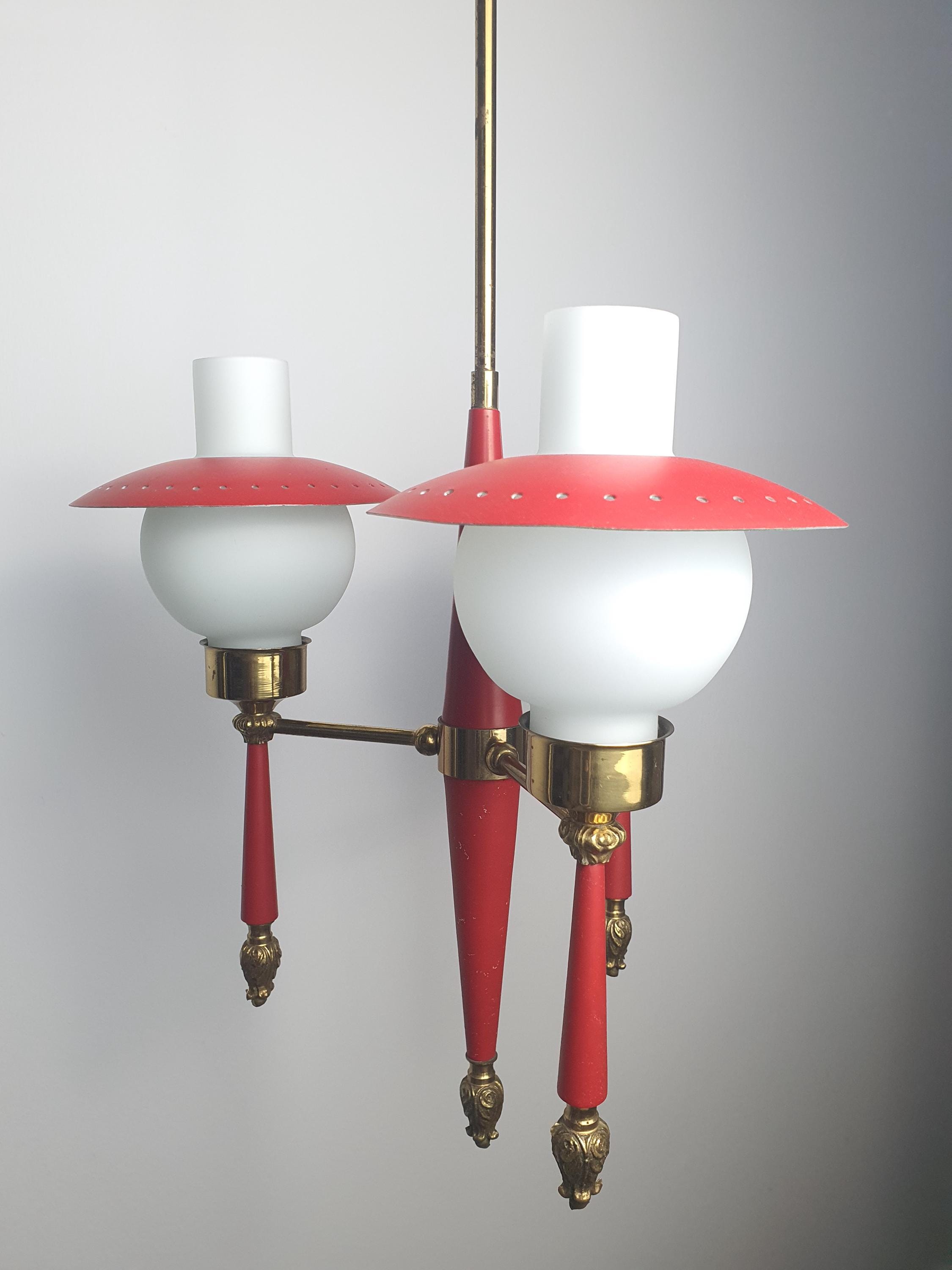 Stilnovo style Italian chandelier — three slim arms with opal milk glass diffusers