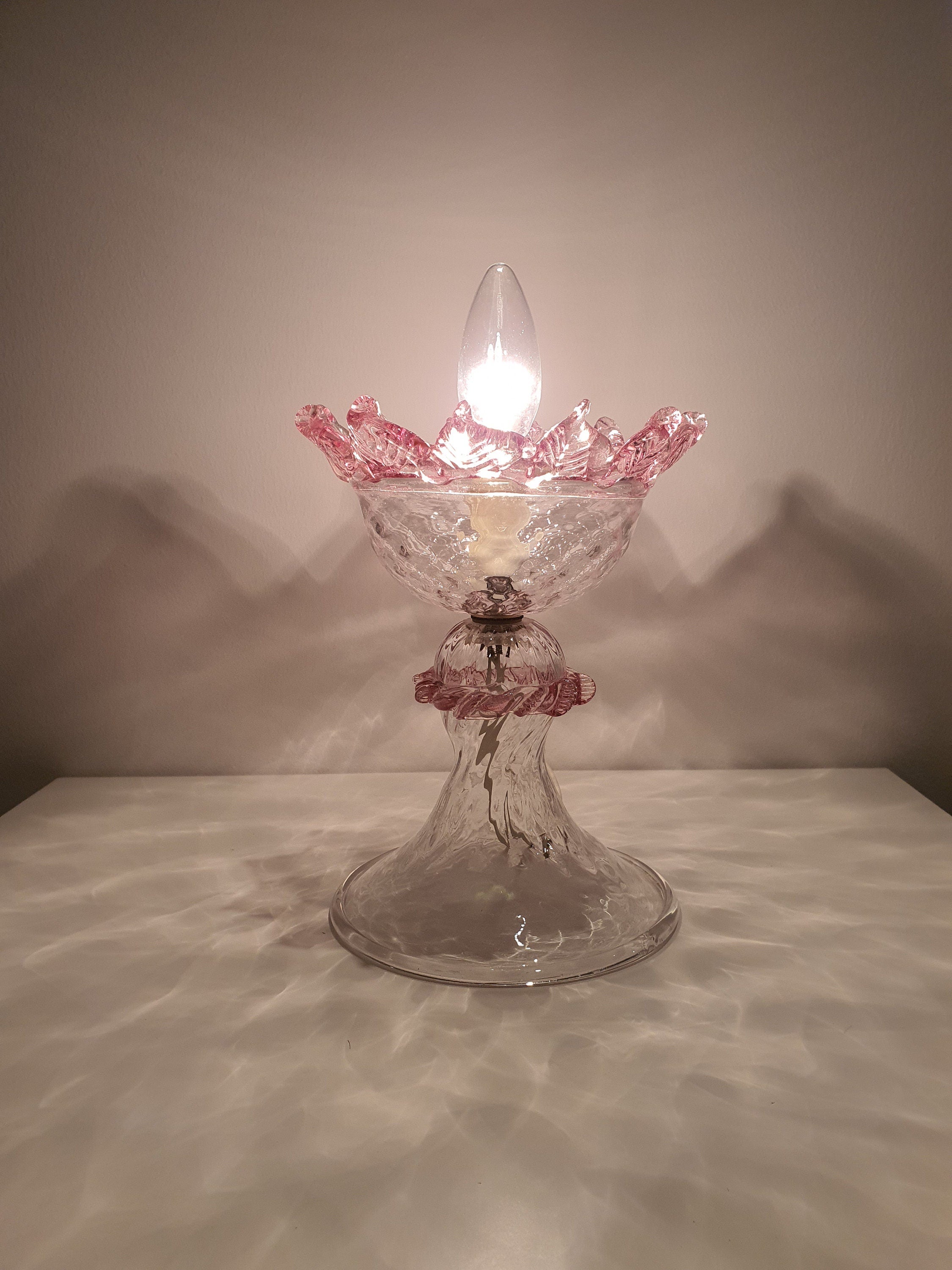 Vintage Murano Glass Tulip Table Lamp: Pink Floral Bedside Light