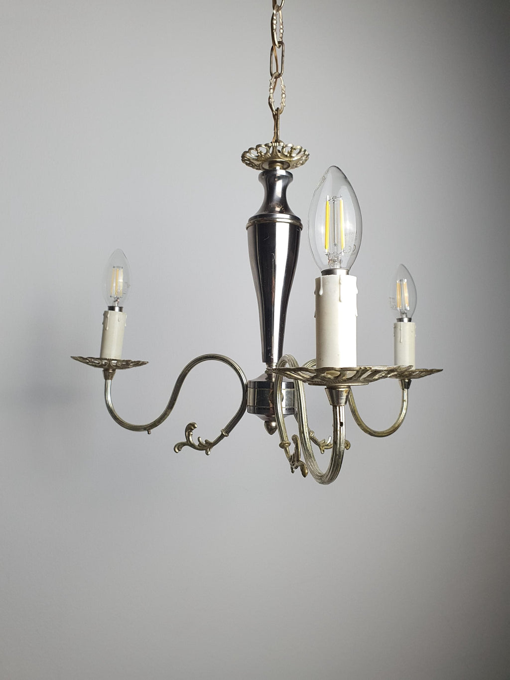 Candle-style socket detail on vintage Italian silver-tone 3-arm chandelier, E14 fitting, 1950s