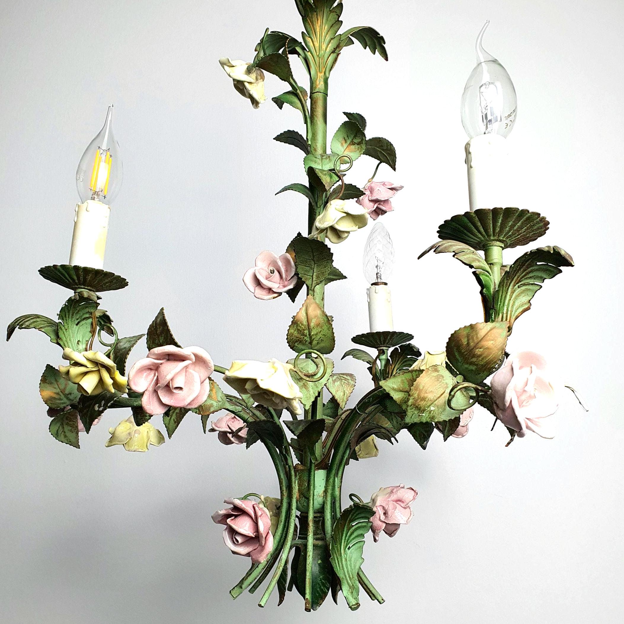 1950s Italian green chandelier with porcelain roses and three arms