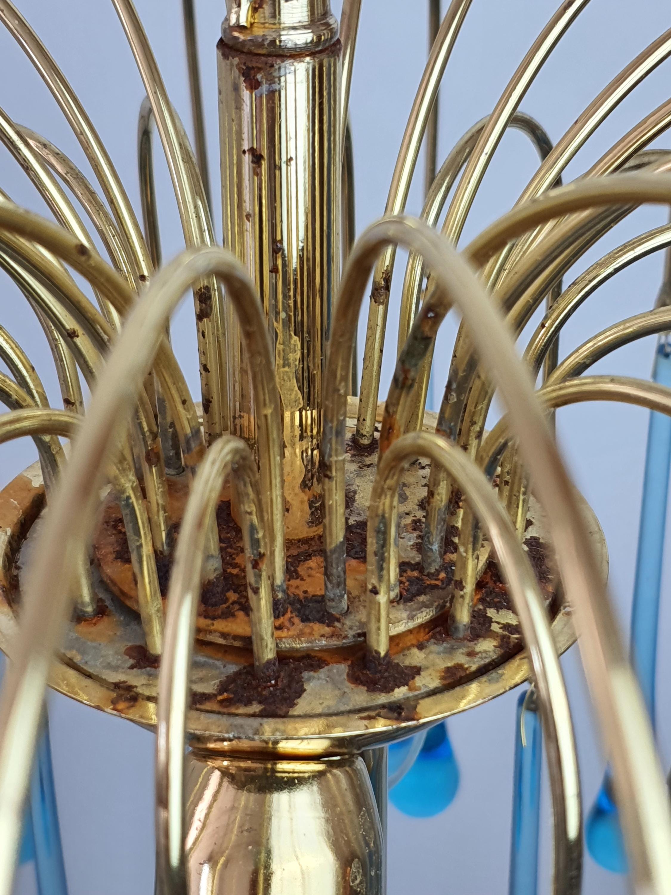 Murano Style Chandelier: Sky Blue Teardrops, Gold Cascade Light