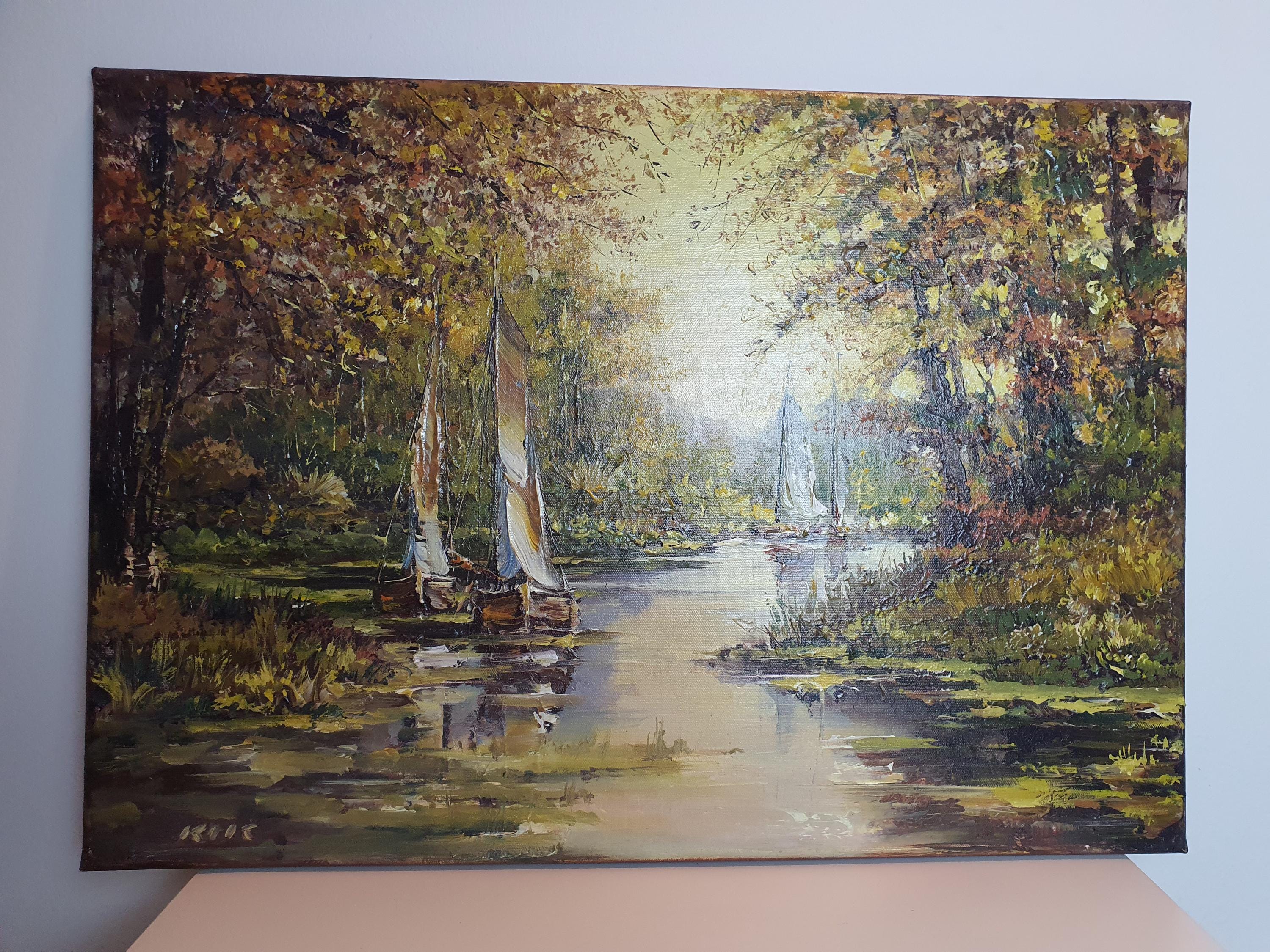 Vintage Sailing Boats Landscape: Original Signed Acrylic Painting by Janusz Kik
