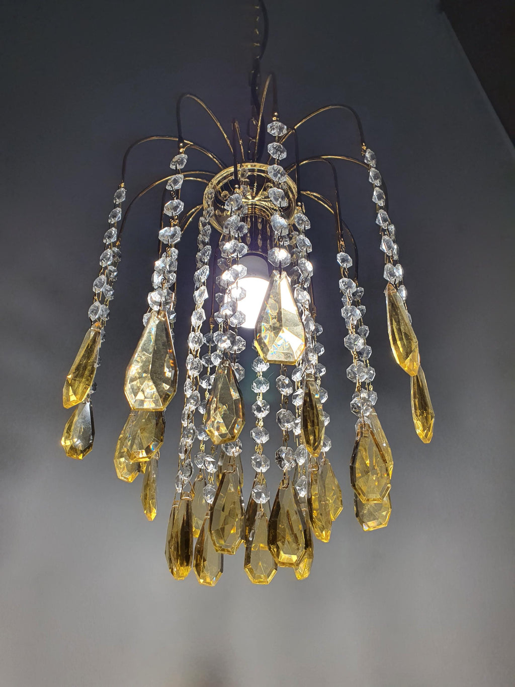 Small Vintage Honey Yellow Teardrop Chandelier | Hollywood Regency Gold Pendant Light