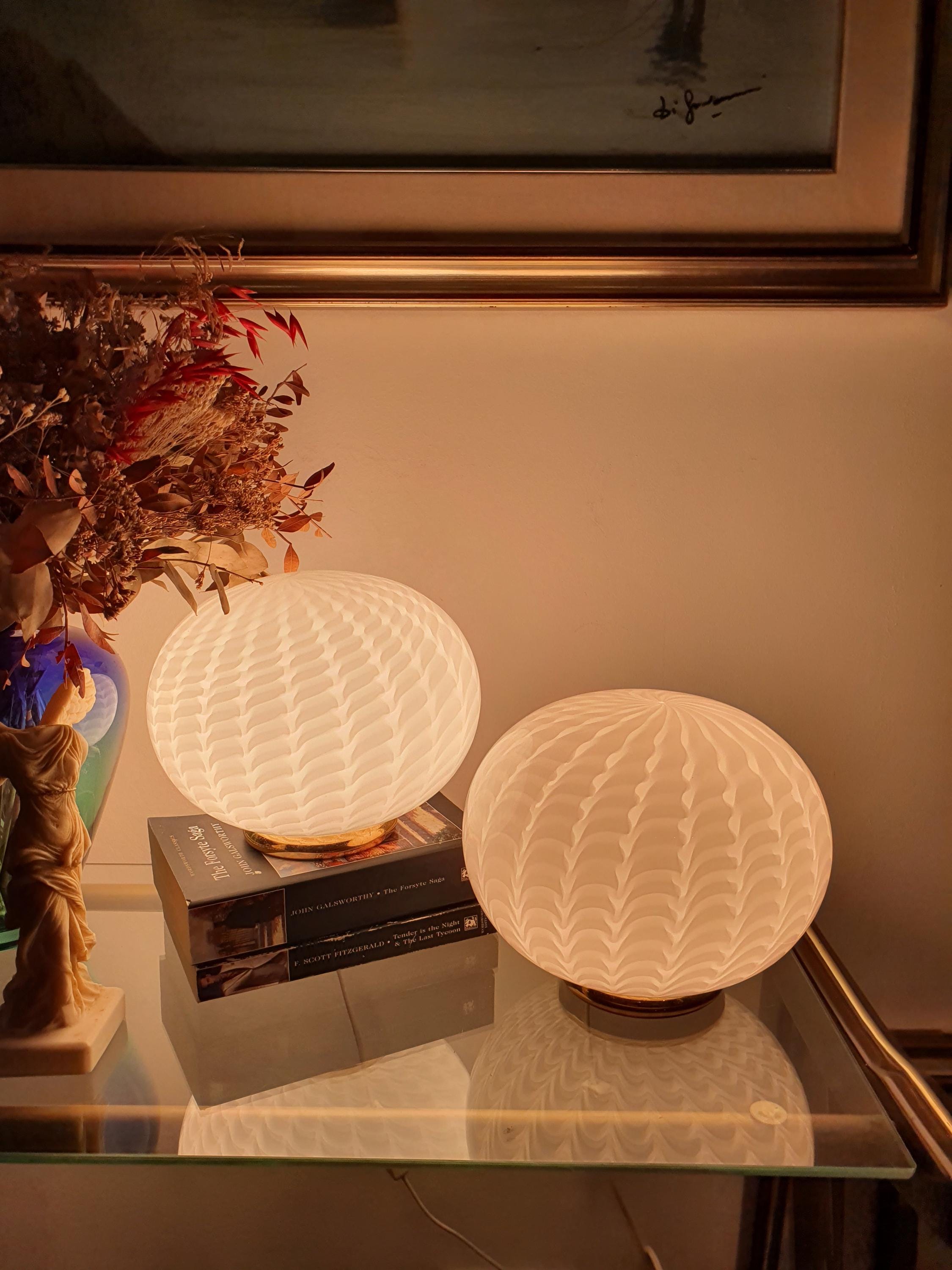 Murano Glass Table Lamps: Vintage White Wave Globe, Italian MCM Design