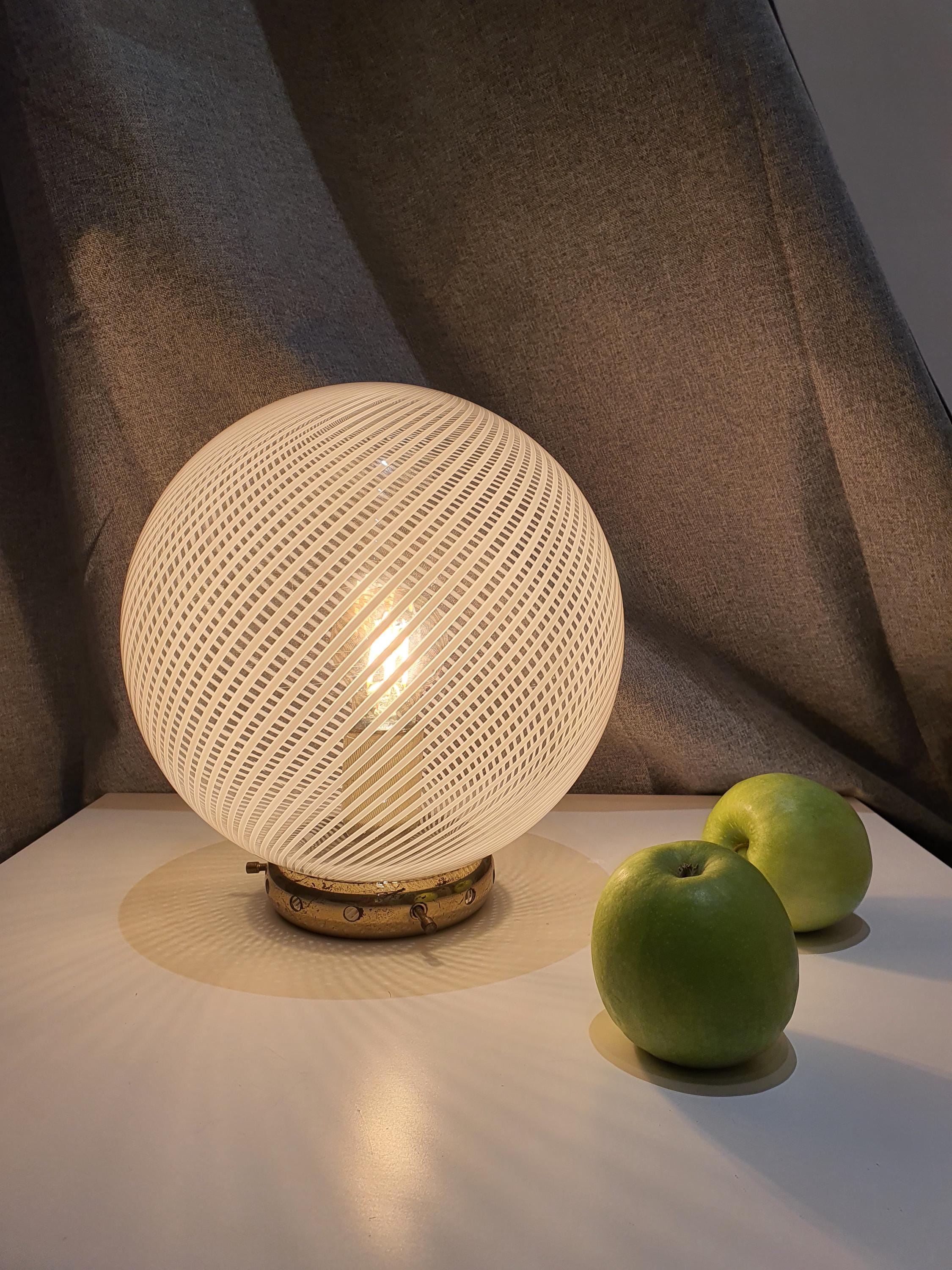 Vintage Murano Glass Table Lamp: Swirl Filigree Globe, MCM Italian Decor