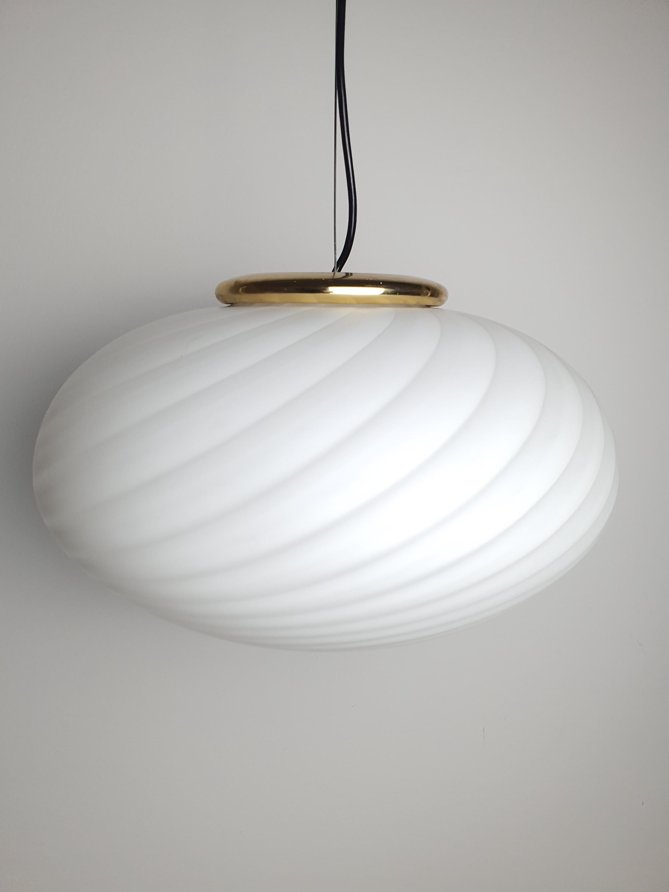 Murano Glass Globe Pendant Light: White Swirl, Handcrafted Italian Chandelier
