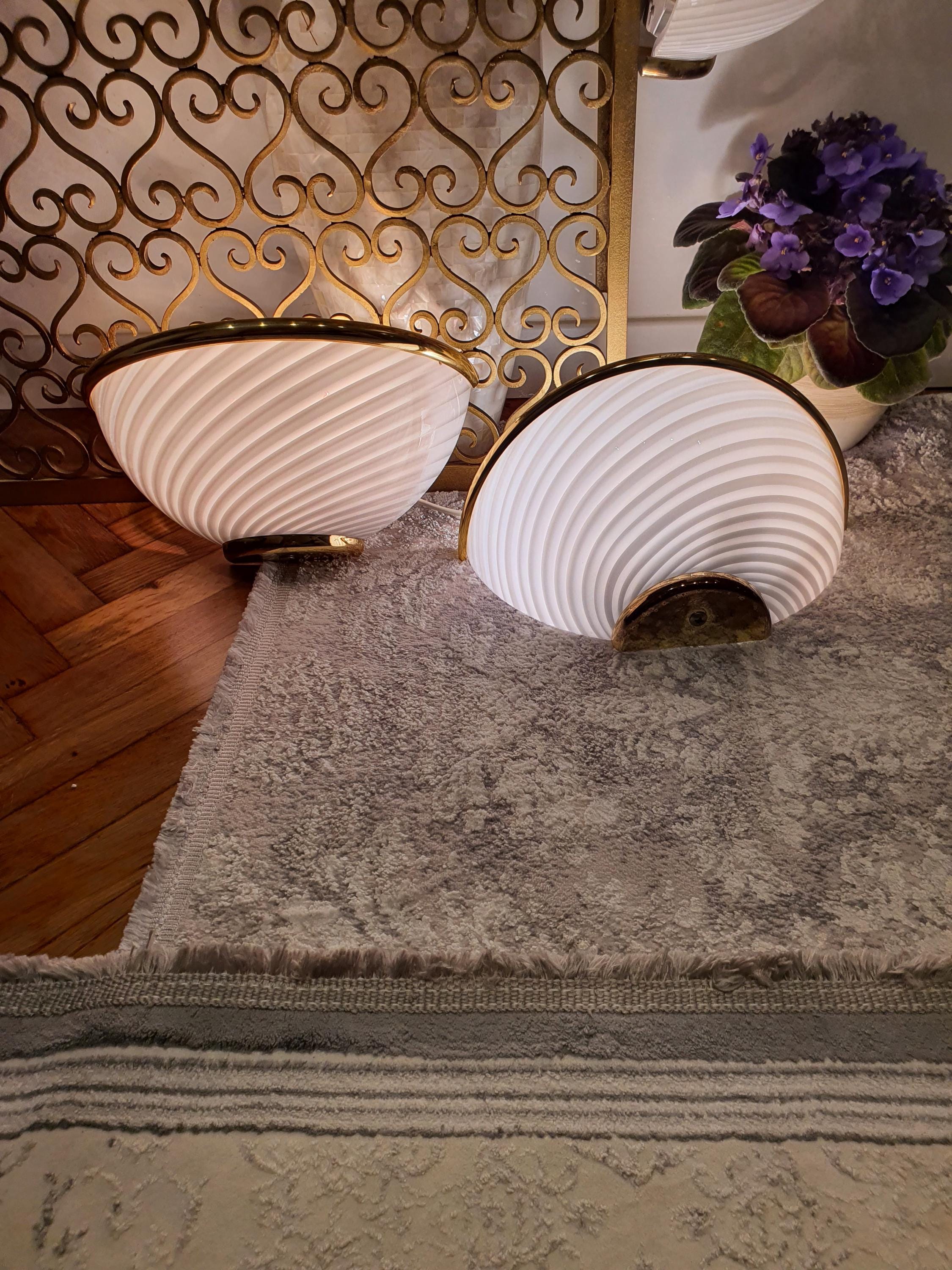 Murano Glass Sconces (Set of 3): White Swirl, Hollywood Regency Italian Lighting