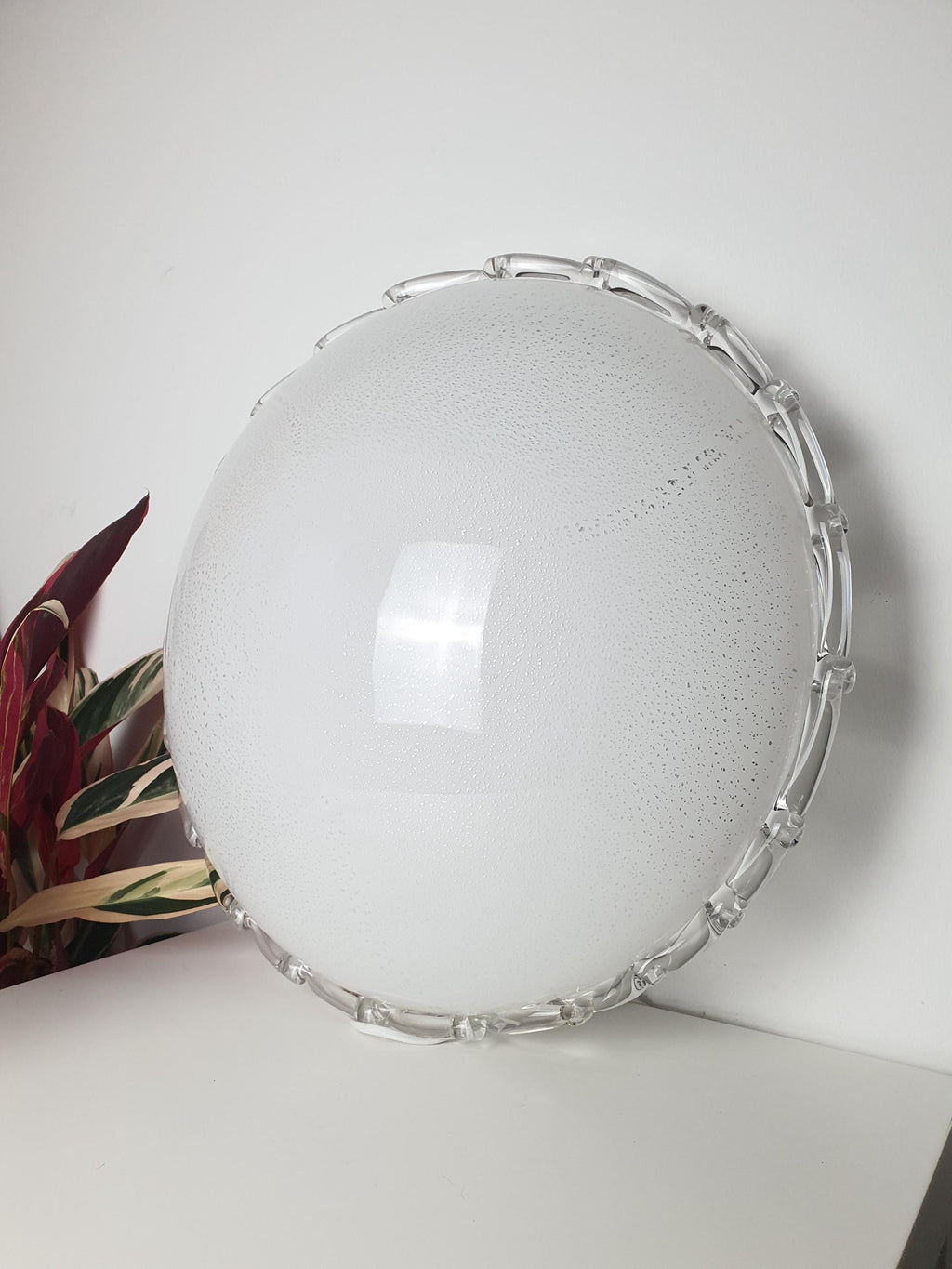 XL Murano Glass Flush Mount Lamp: White & Silver MCM Italian Light