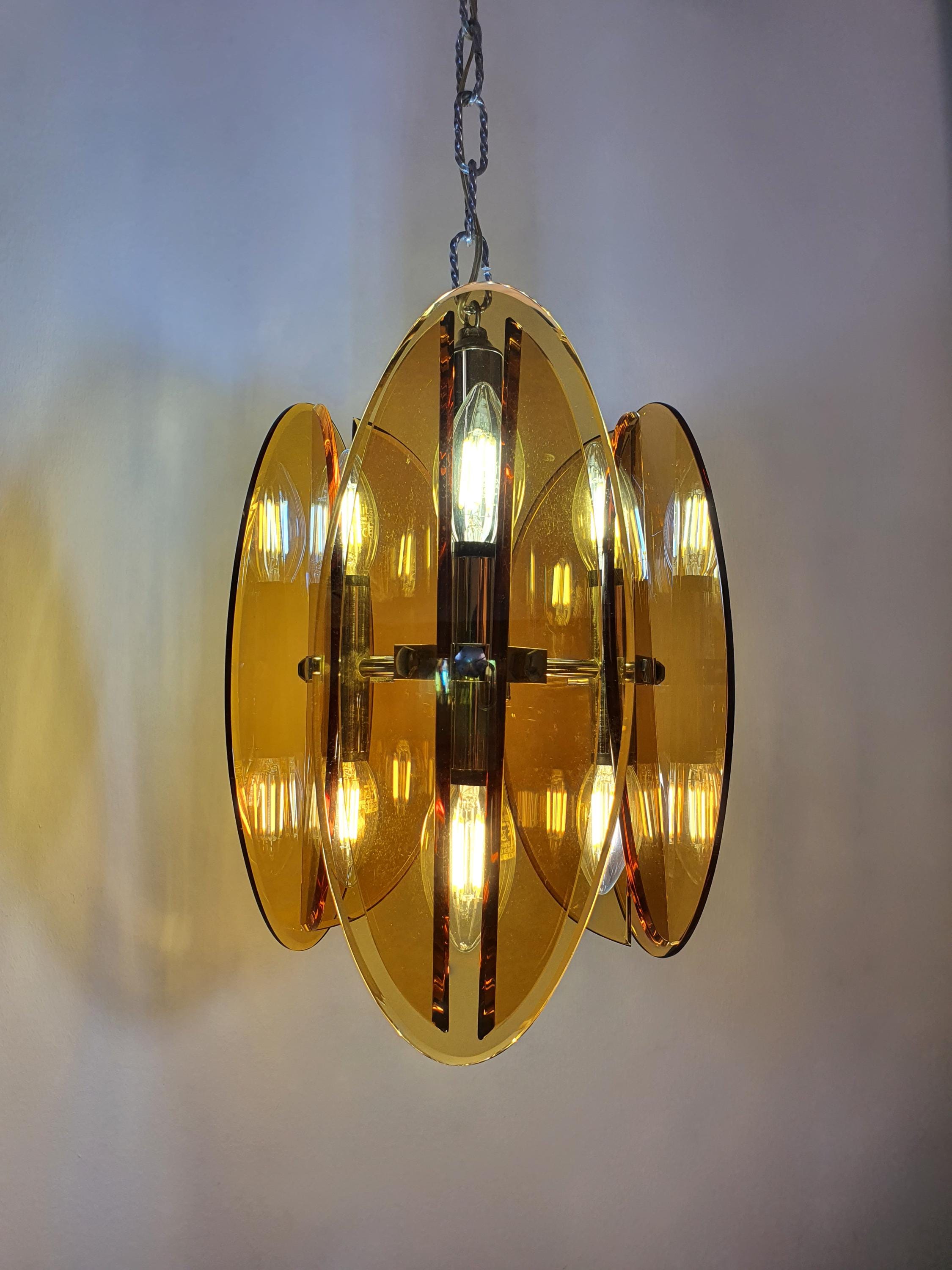 Veca Italian Chandelier 1970s Orange Glass Space Age Pendant Chrome Base