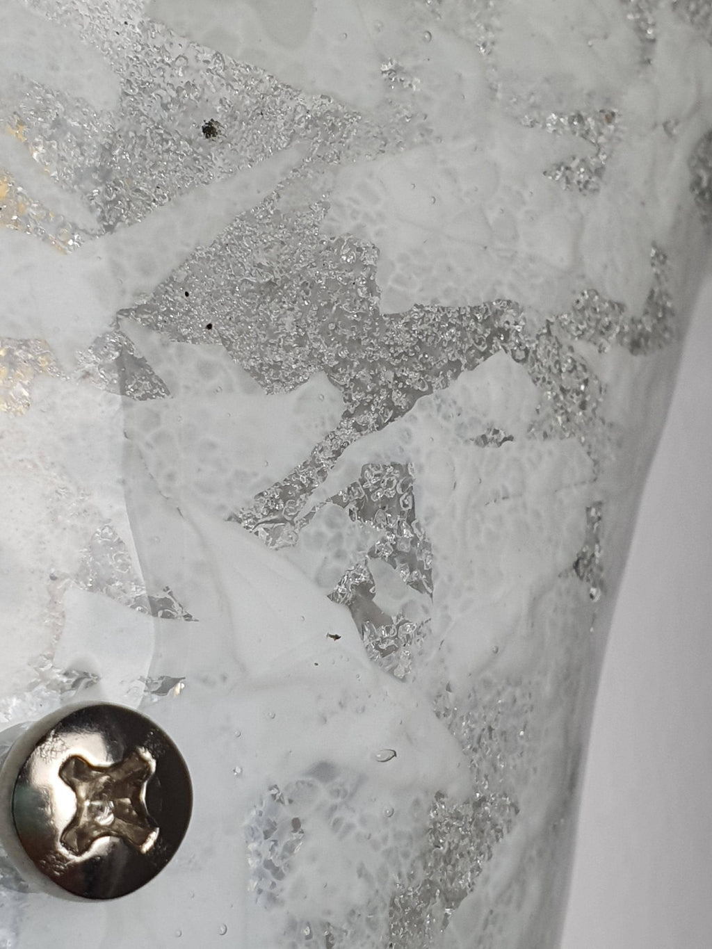 Smooth glossy front face of vintage Murano glass shell sconce, clear with white inclusions, 1990s Italy