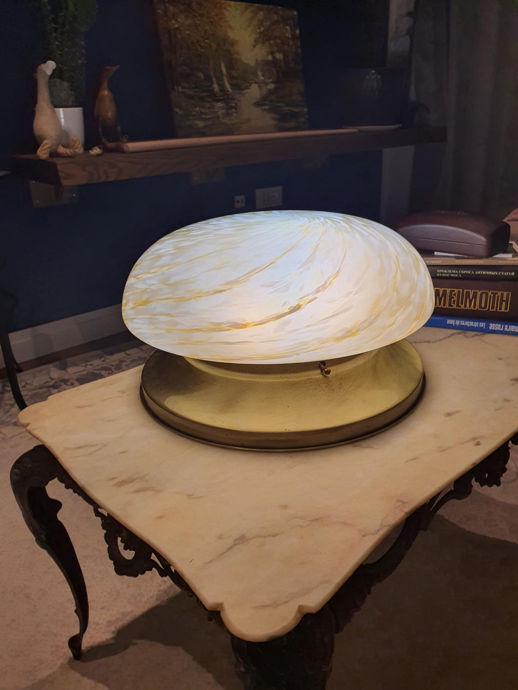 Vintage Midcentury Murano Glass Flush Mount Ceiling Lamp: Caramel Swirl Lighting