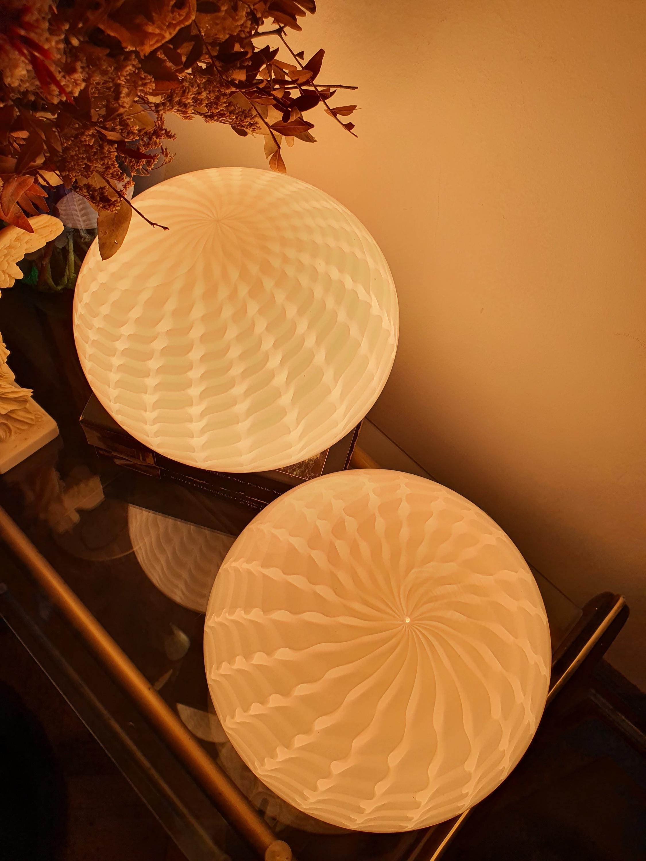 Murano Glass Table Lamps: Vintage White Wave Globe, Italian MCM Design