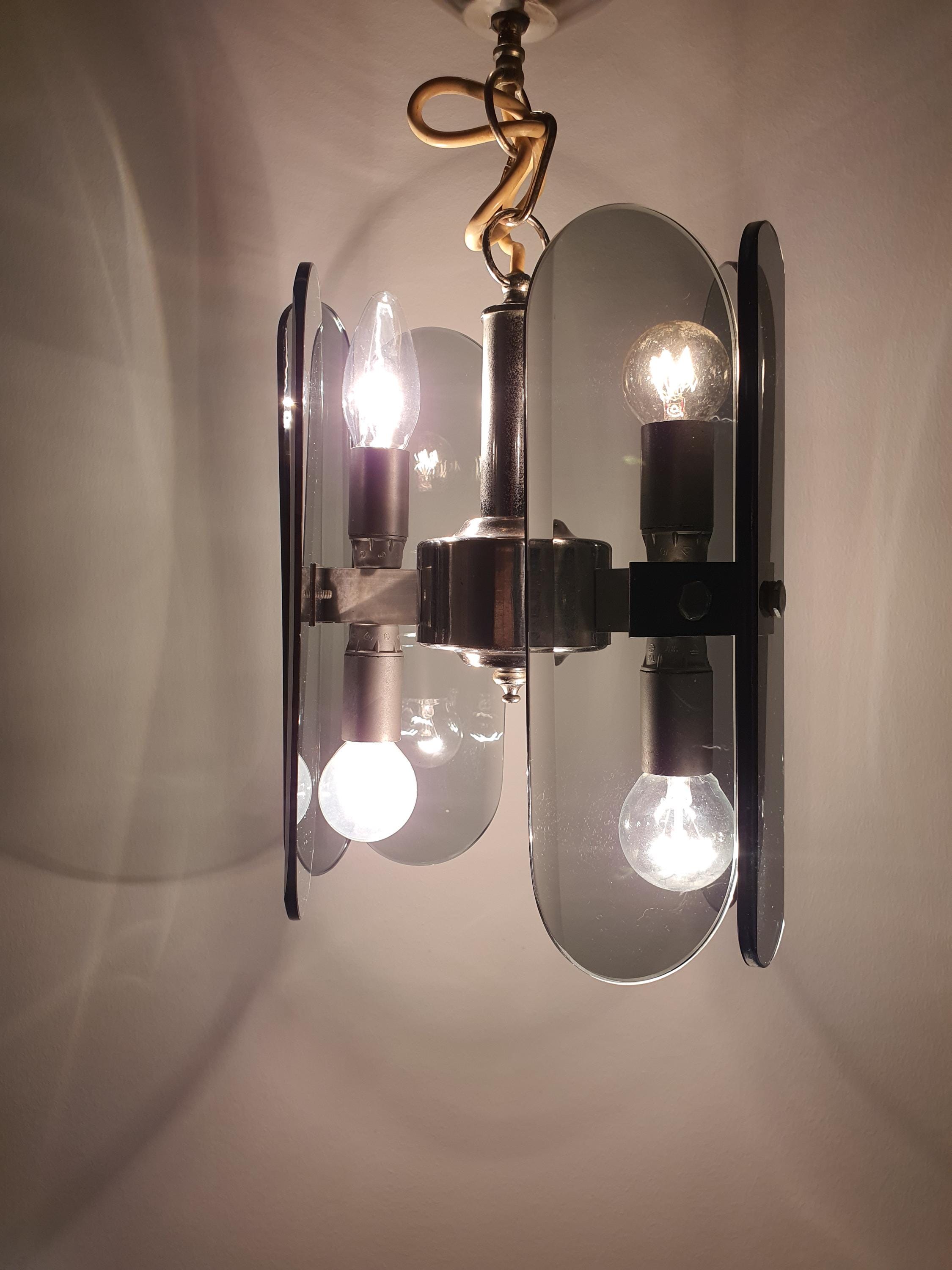 Veca Bottle Glass Chandelier: Mid-Century Modern Italian Chrome Lamp