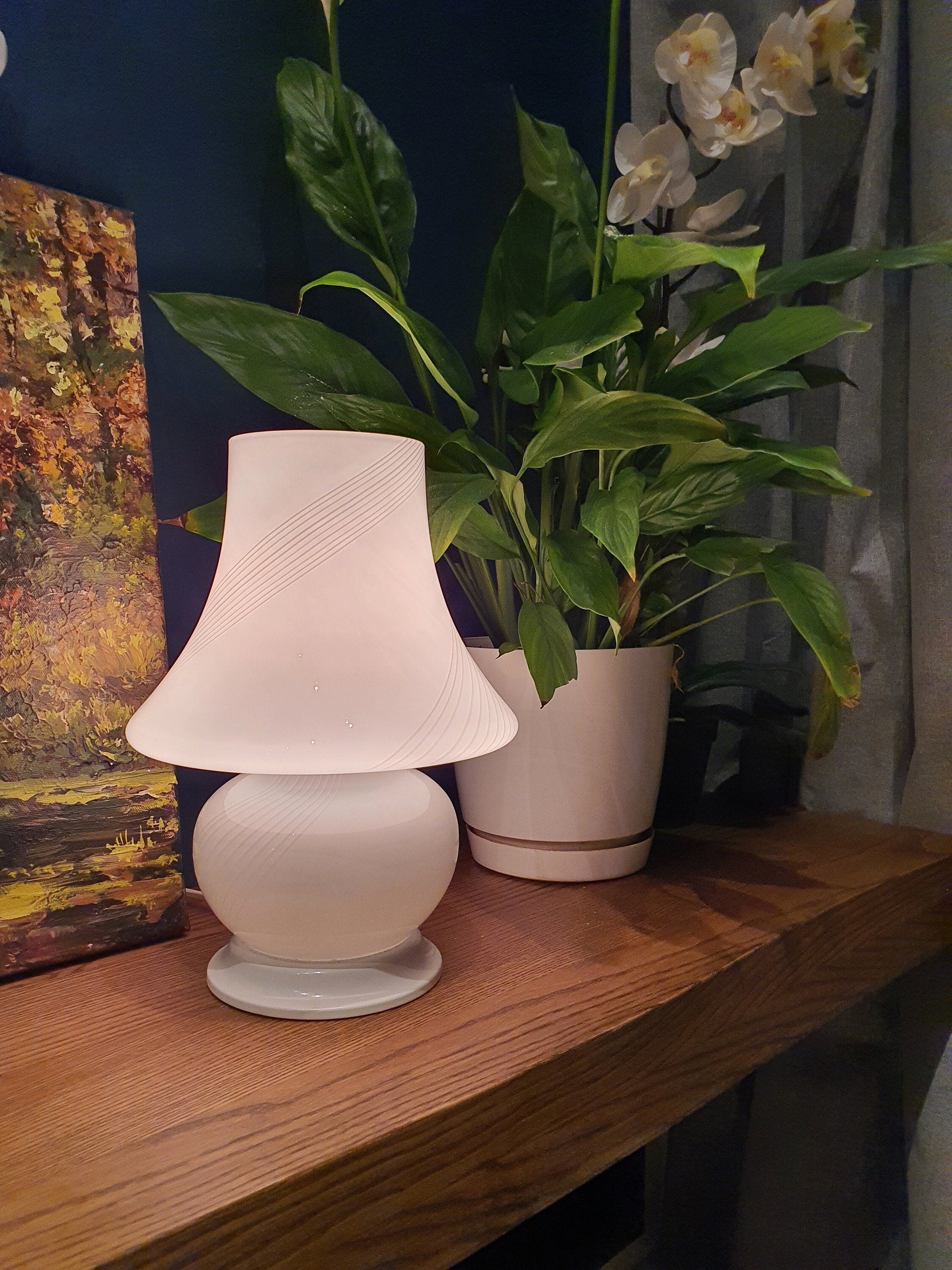 Vintage Murano Glass Mushroom Lamp: White Swirl MCM Bedside Light