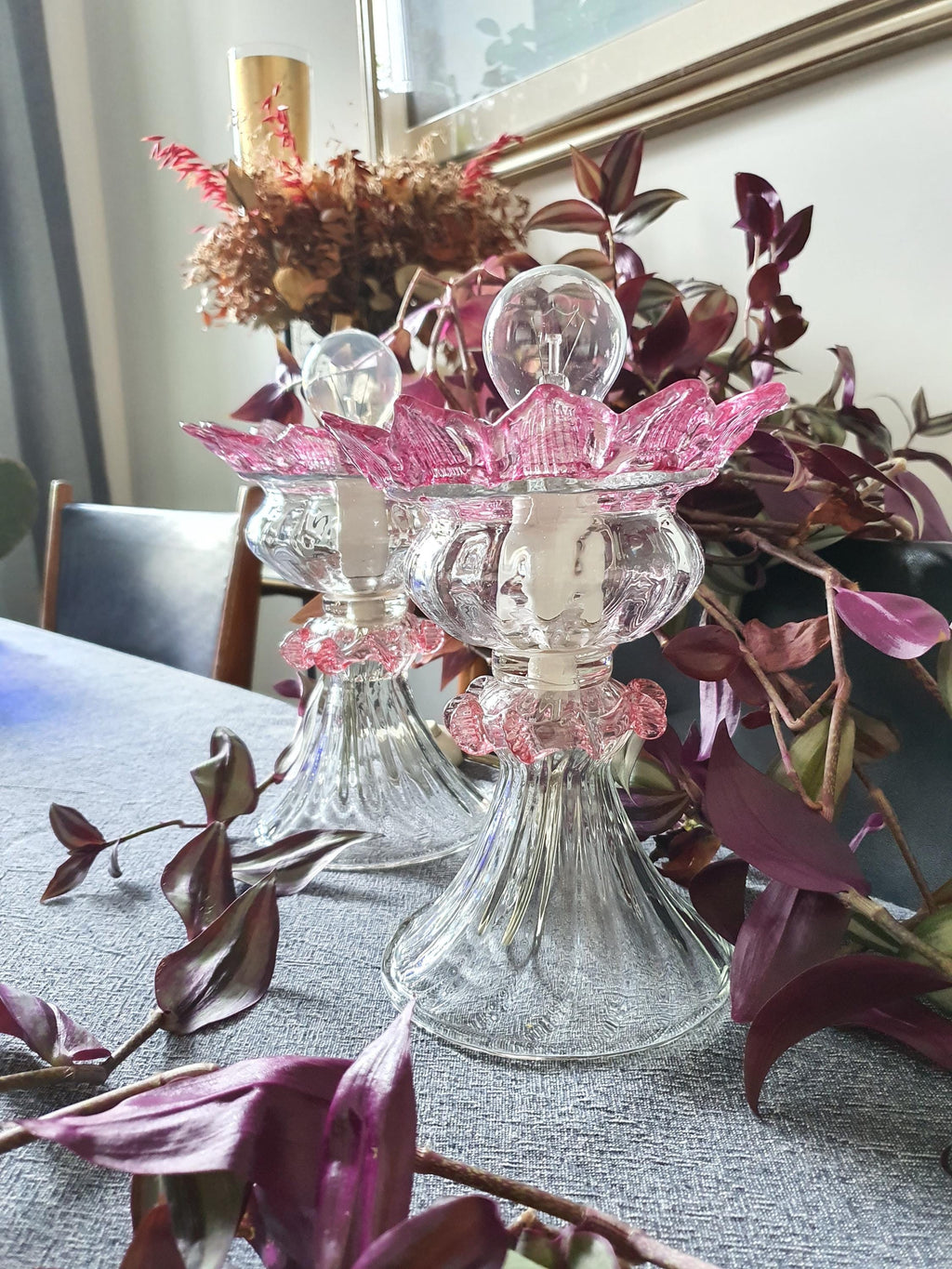 Pink Art Deco Murano Glass Tulip Bedside Lamps: MCM Retro Lighting