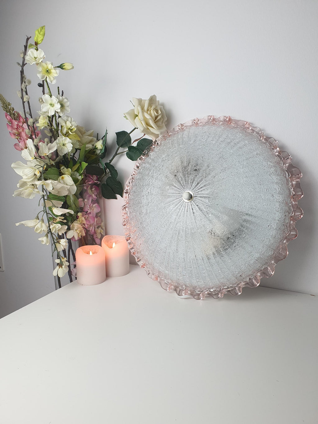 Graniglia icy glass reverse texture detail on vintage Murano floral flush mount, diffused warm light effect
