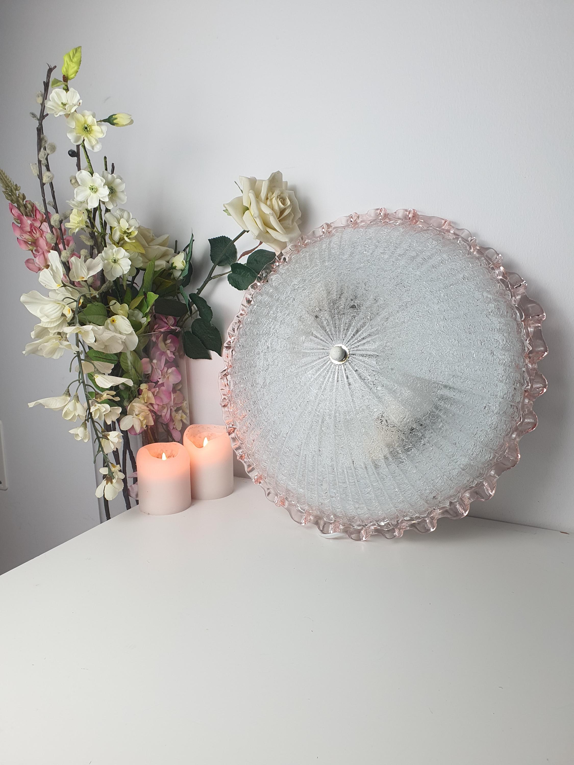 Graniglia icy glass reverse texture detail on vintage Murano floral flush mount, diffused warm light effect