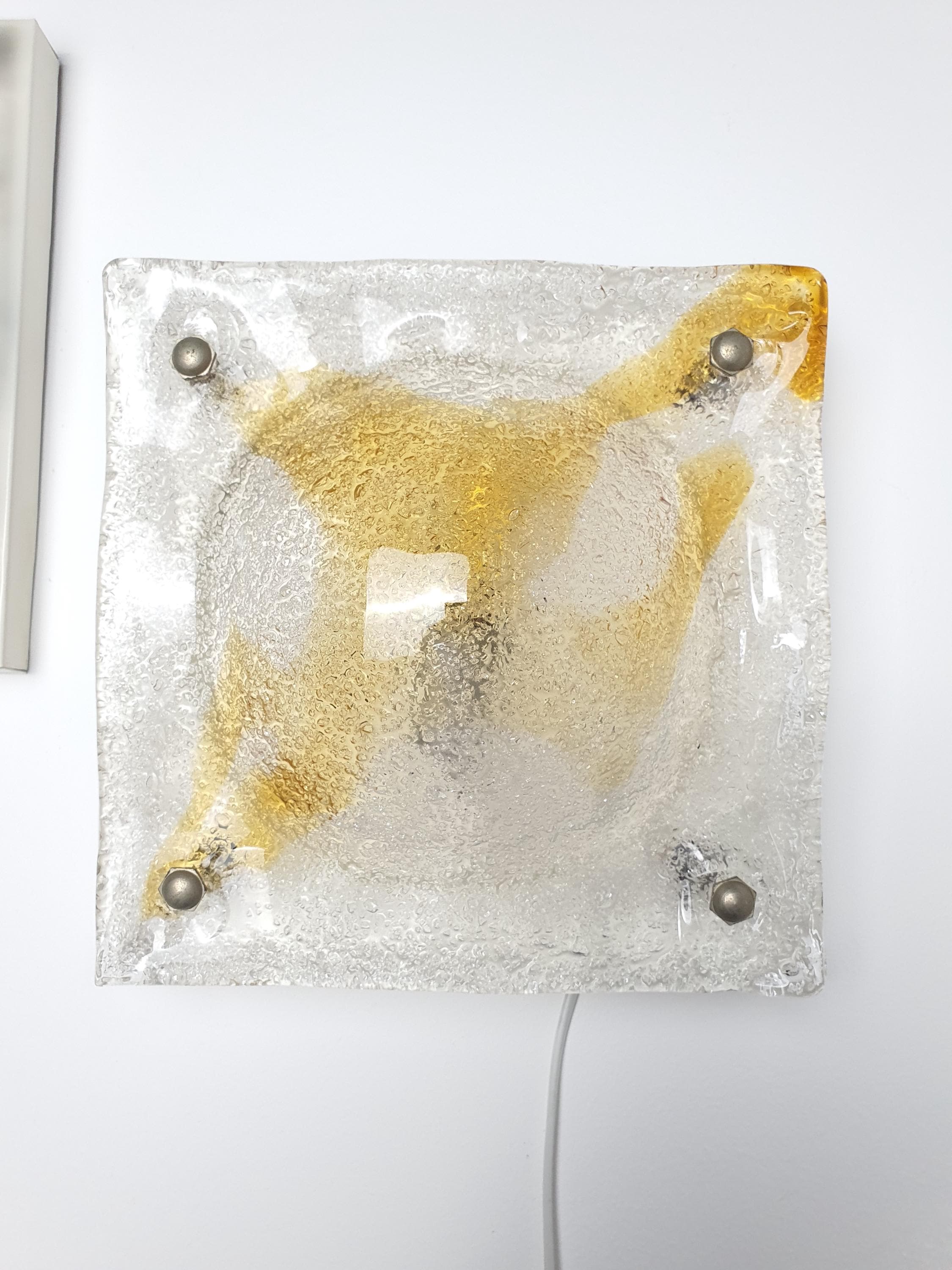 Mazzega Murano square light side profile, showing 11cm depth, ghiacciato iced glass amber inclusions, white metal base