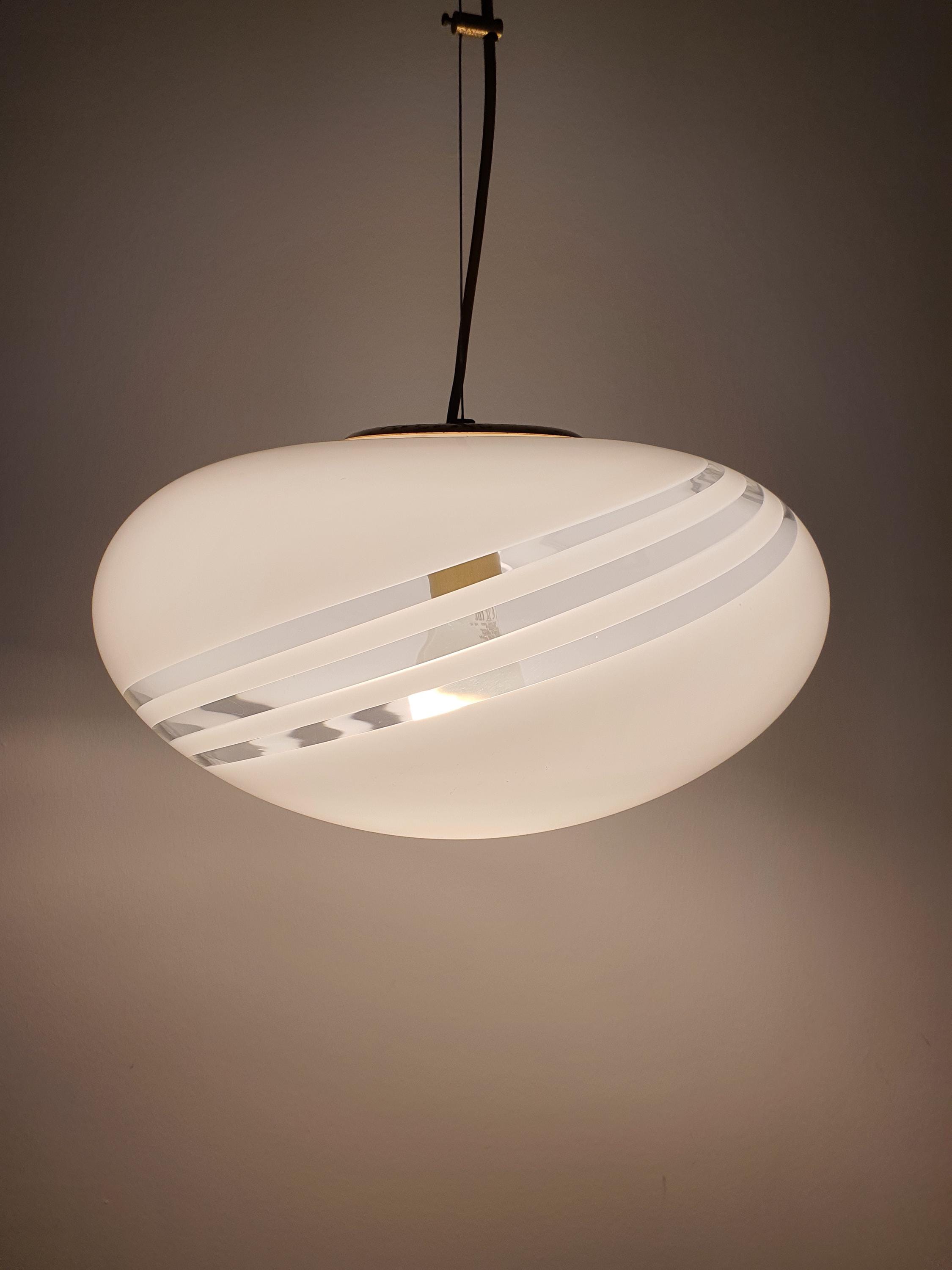 Murano Glass Pendant Light: White Swirl Globe, Italian MCM Lighting