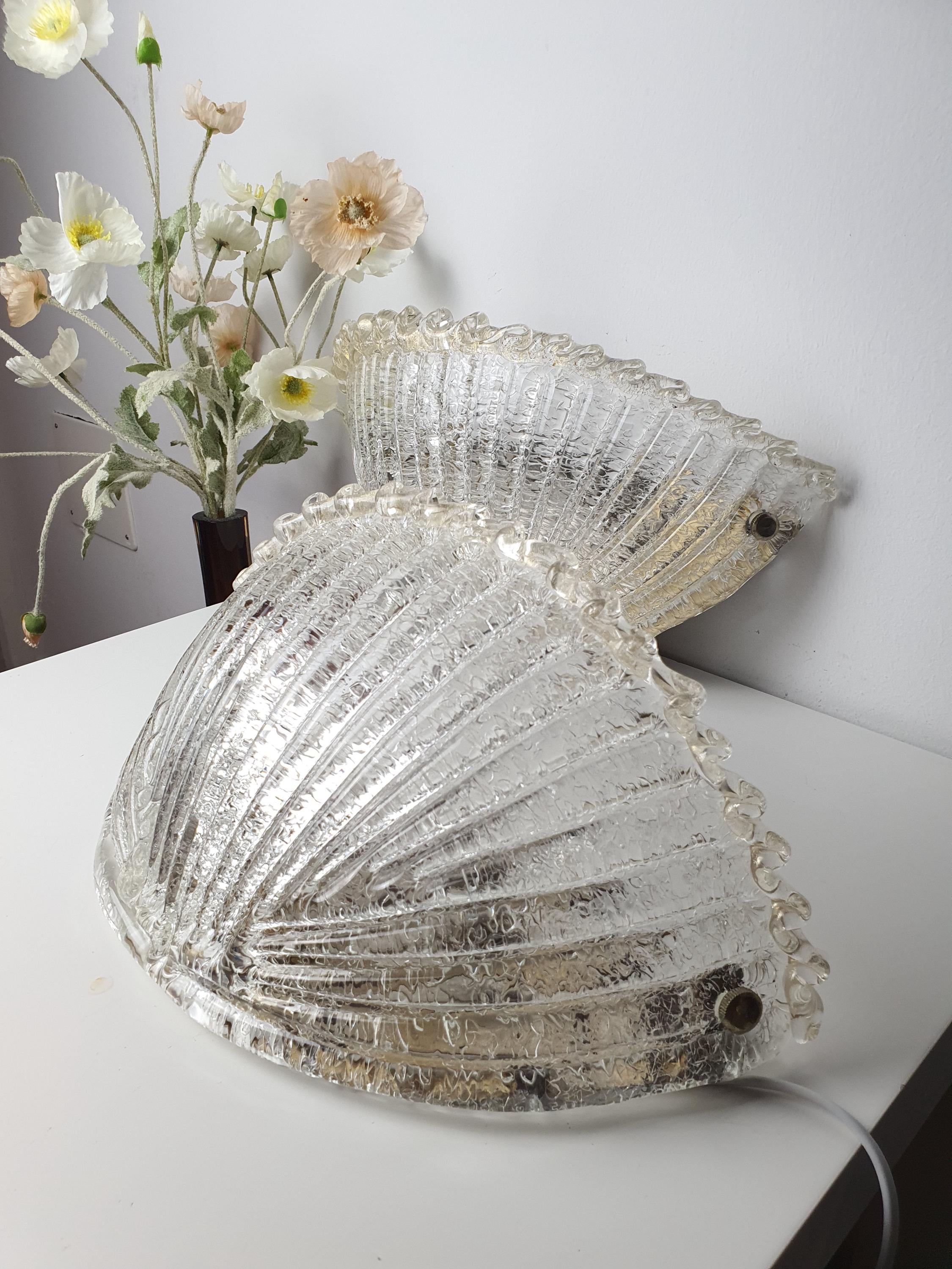 Pair of Murano Glass Shell Wall Sconces | Frosted Venetian Floral Lights | Mid-Century Italian Wall Lamps