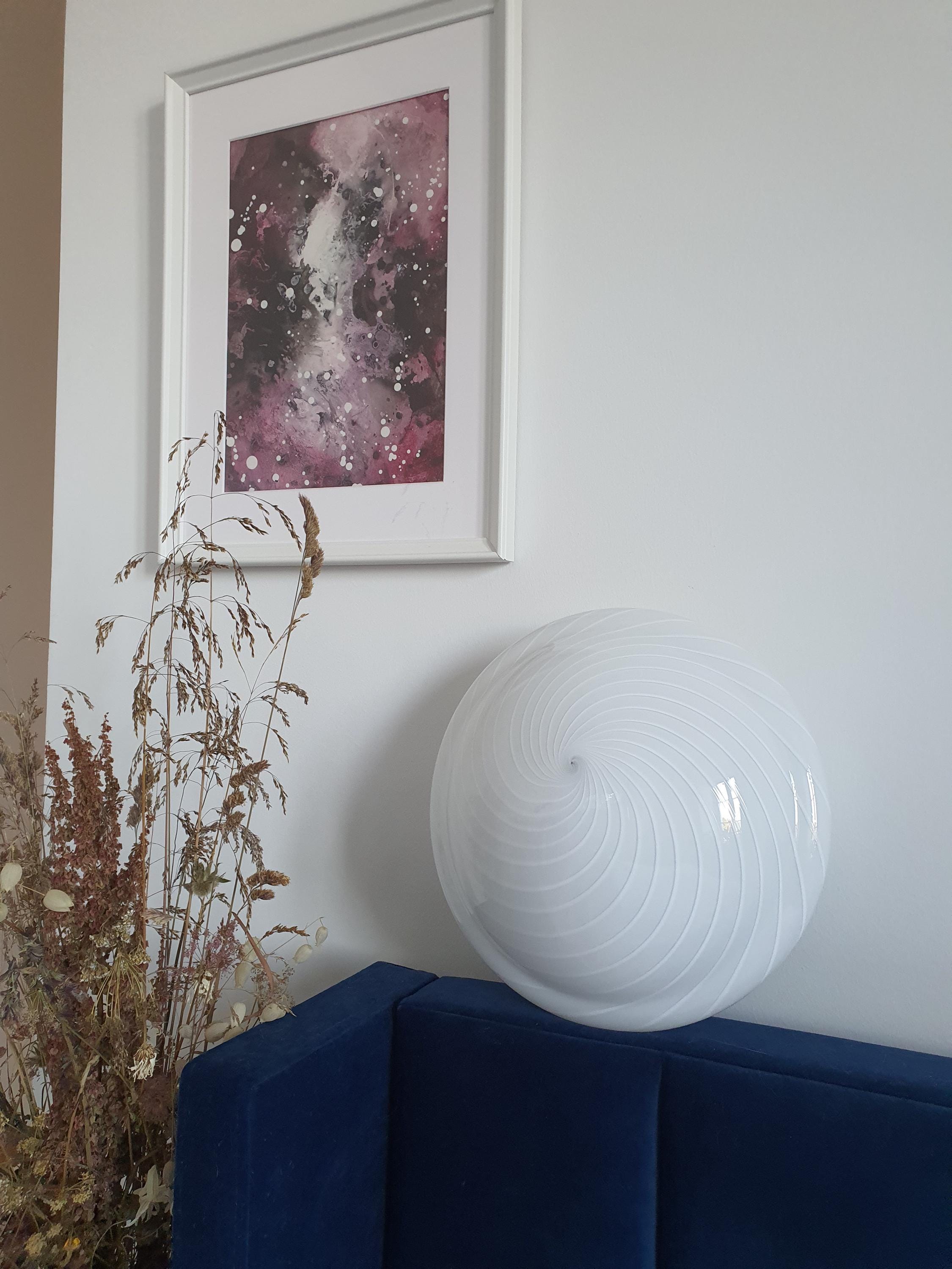 Vintage Murano glass white swirl flush mount light fixture |  handcrafted retro lighting |  scandinavian minimal home deco wall ceiling lamp