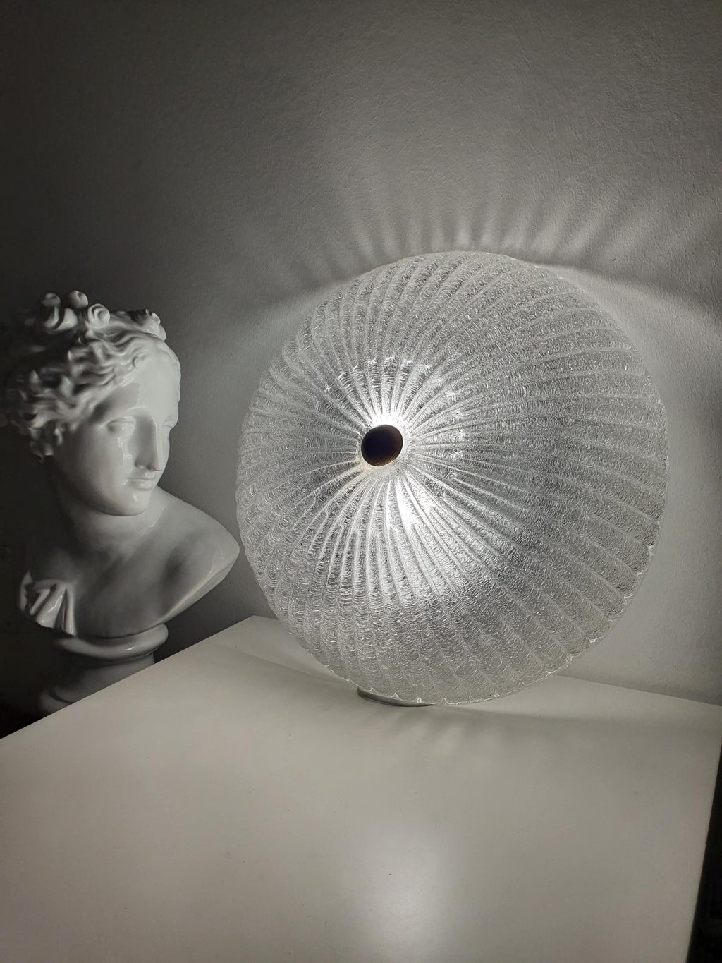 Vintage Venetian shell flush mount installed in dining room, large 44cm diameter, warm Art Deco glow