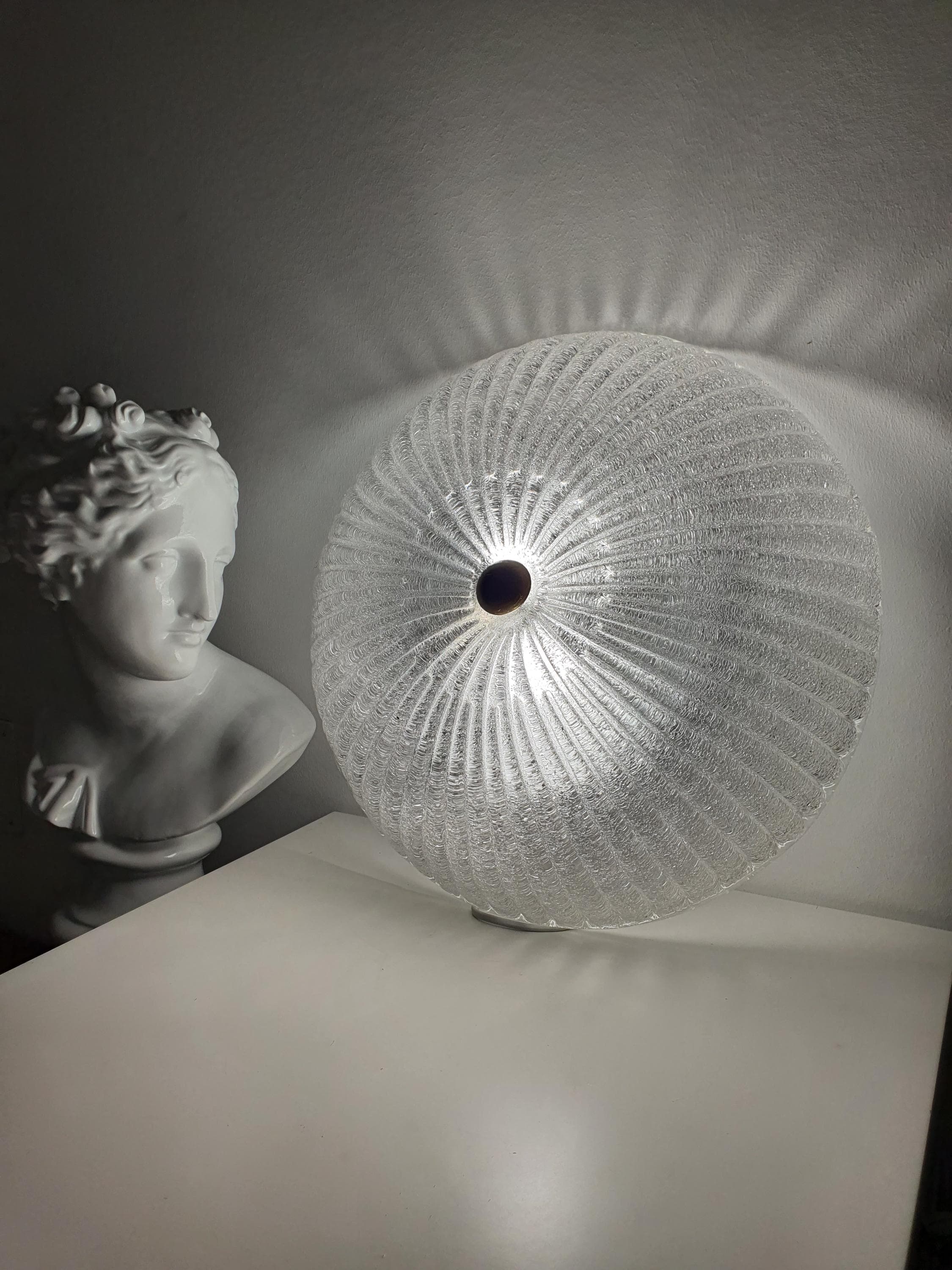 Vintage Venetian shell flush mount installed in dining room, large 44cm diameter, warm Art Deco glow