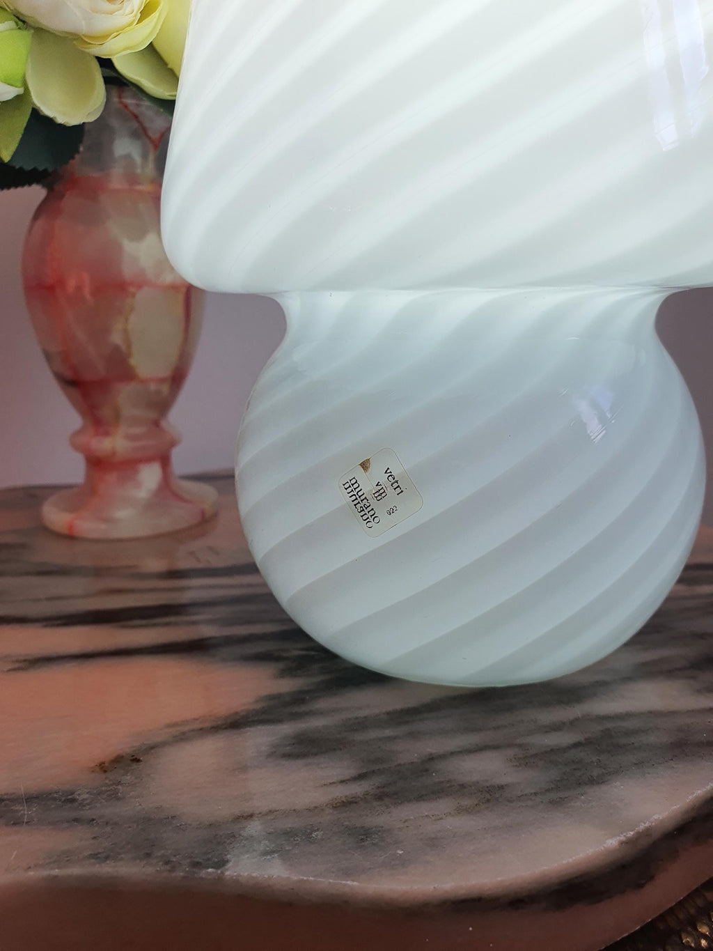 Vintage Murano Glass Mushroom Lamp: Mid-Century Modern White Swirl