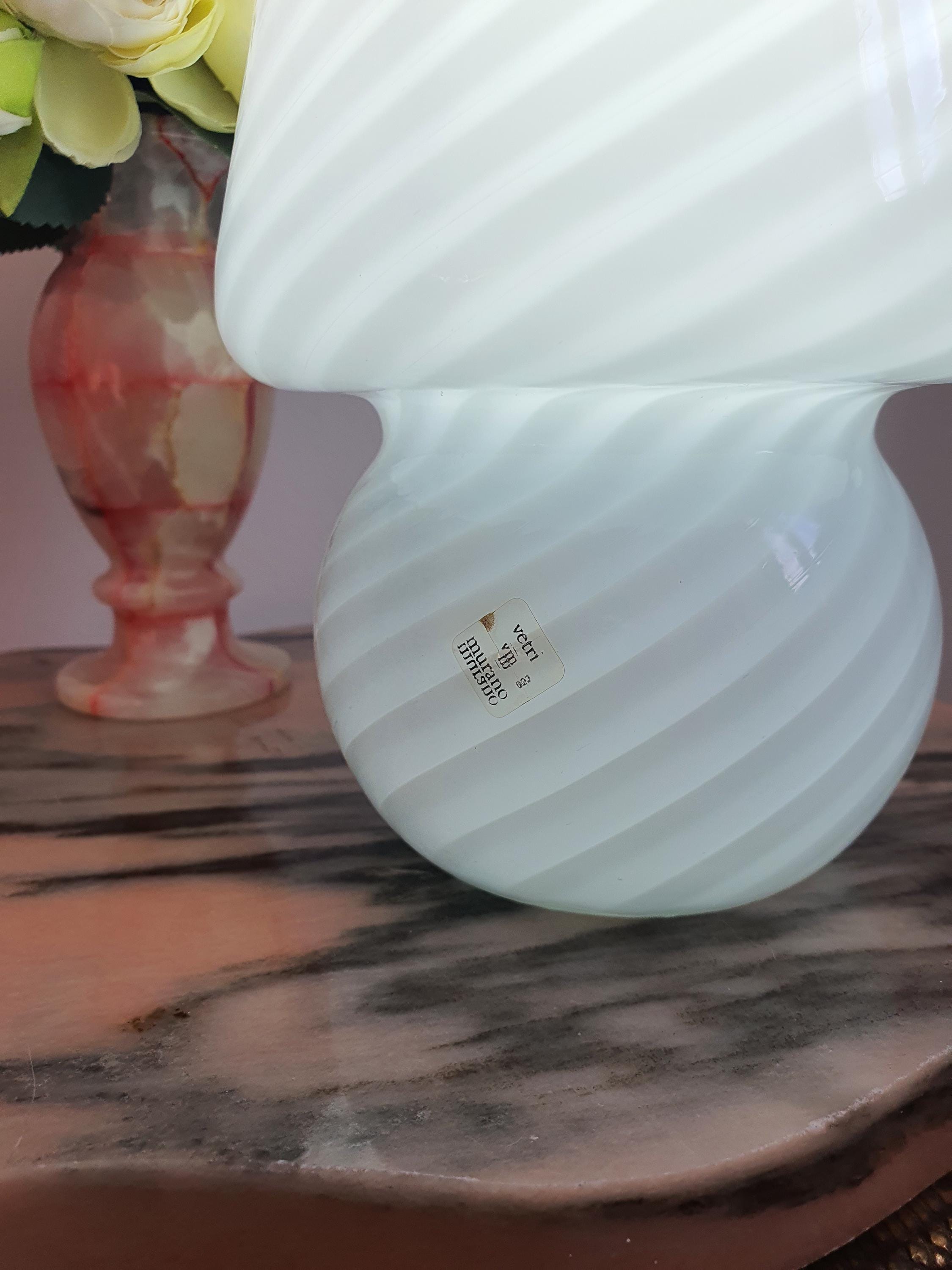 Vintage Murano Glass Mushroom Lamp: Mid-Century Modern White Swirl