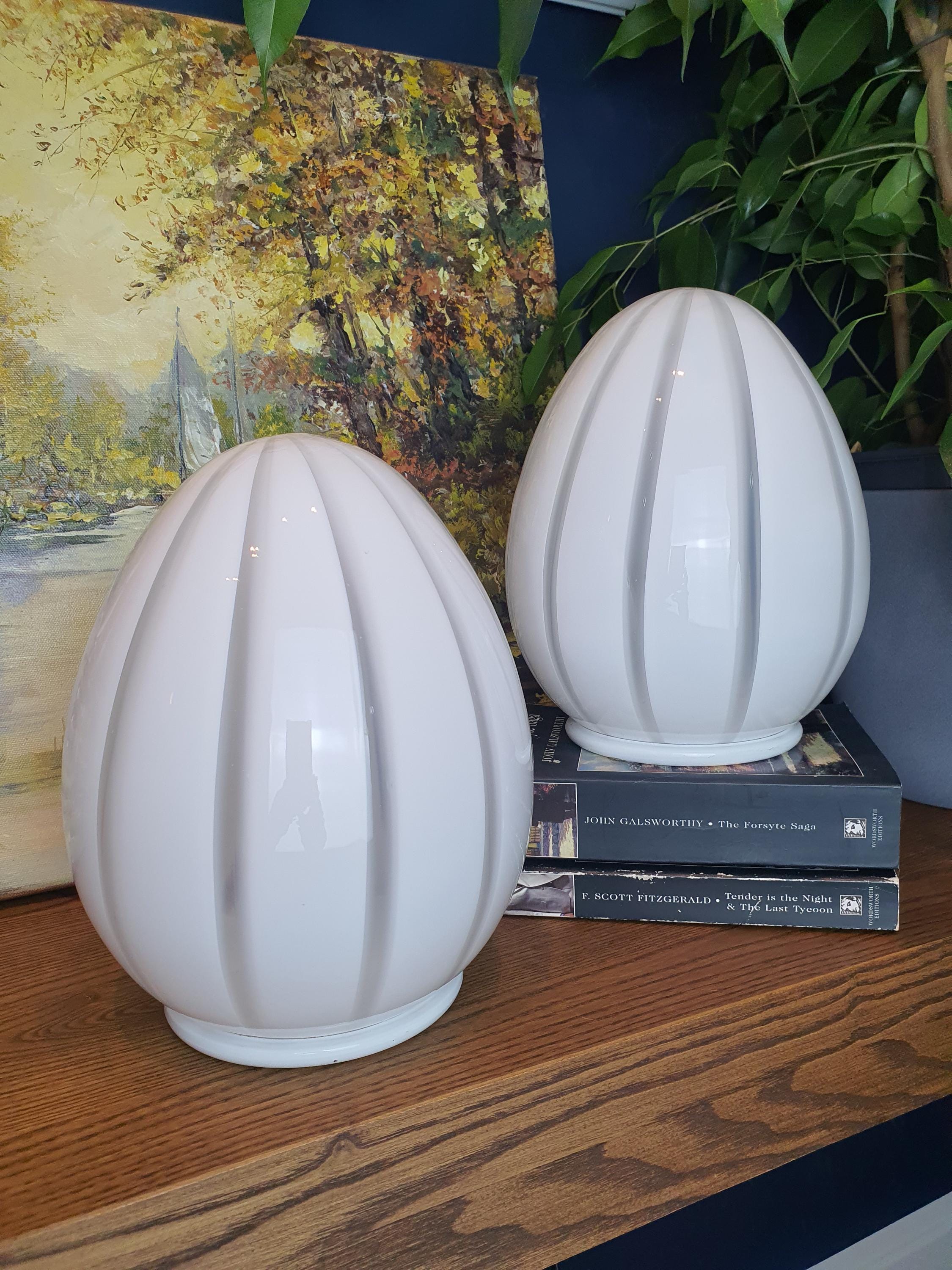 Murano Glass Bedside Lamps: Striped Egg Shape, Mid-Century Modern